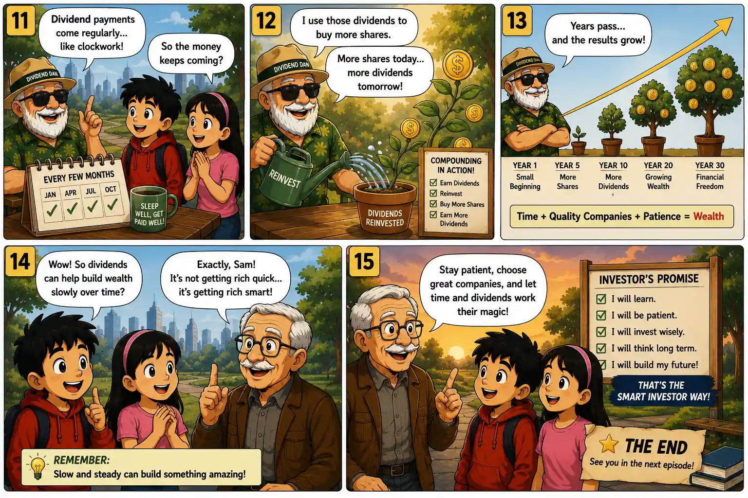 StockMaster Comics Episode 15 panels 11–15 illustrating dividend reinvestment, compounding over time, and how patience helps investors build long-term wealth.