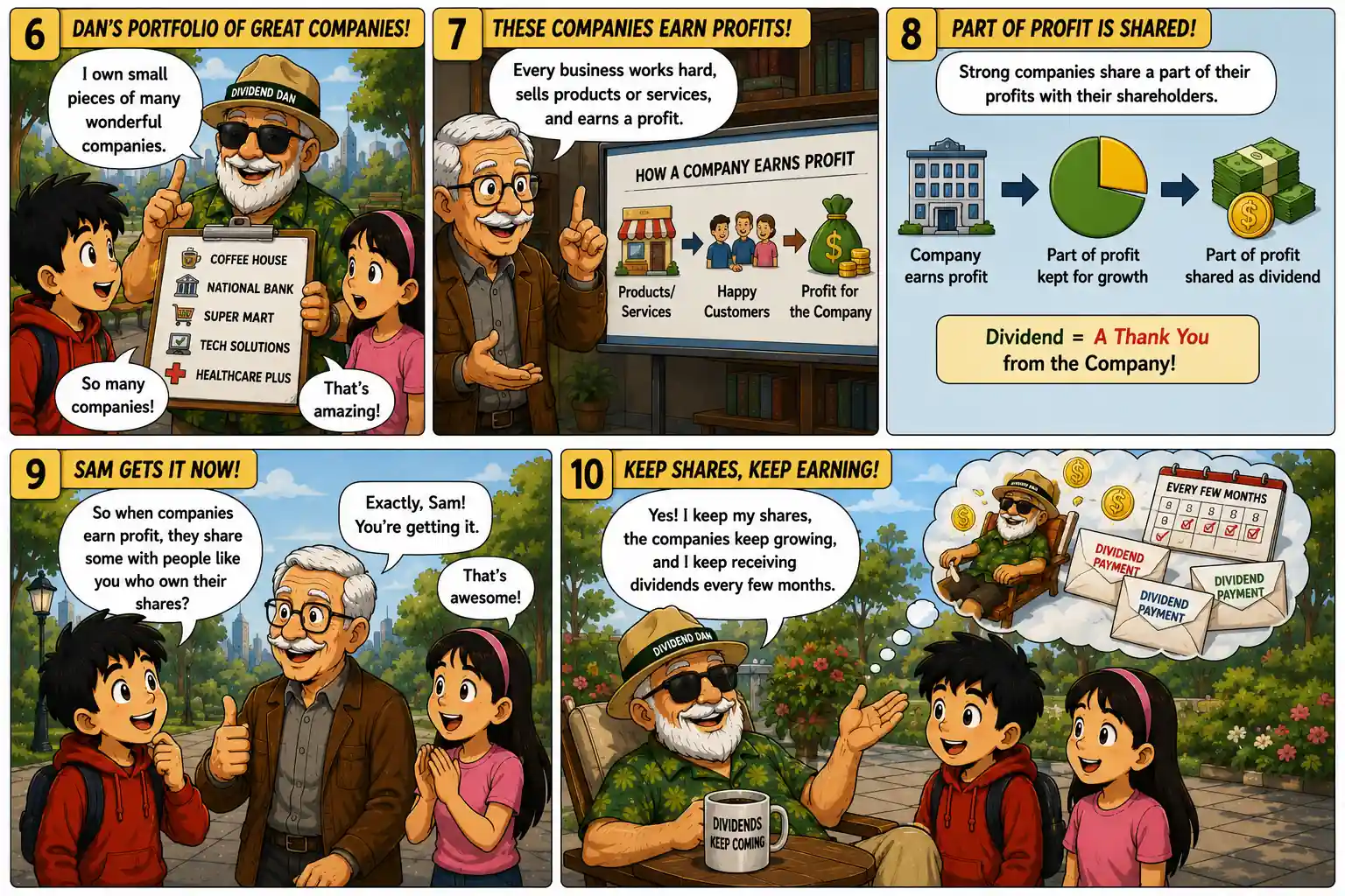 StockMaster Comics Episode 15 panels 6–10 explaining how companies earn profits, share part of those profits as dividends, and reward long-term shareholders.