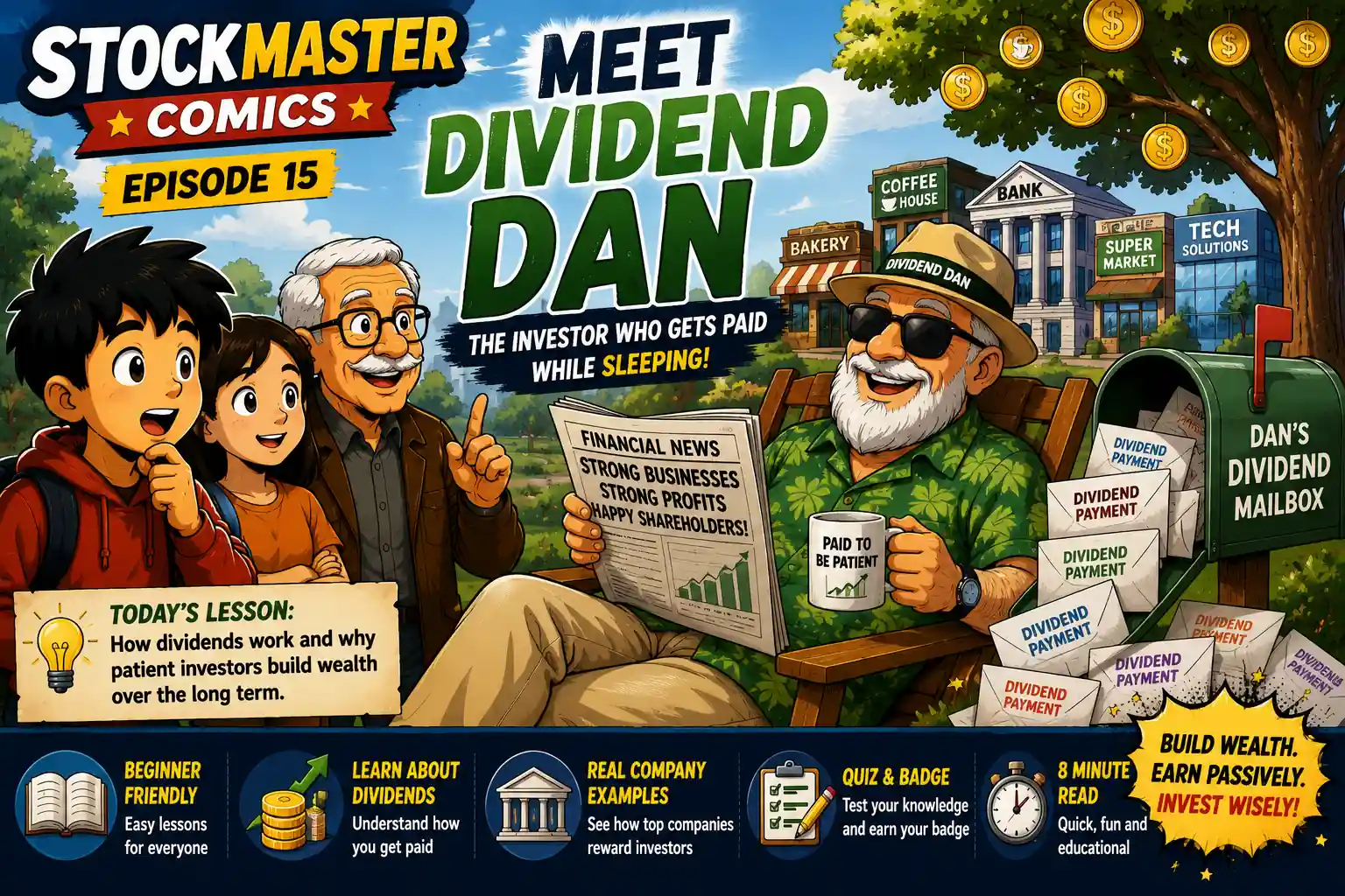 StockMaster Comics Episode 15 – Meet Dividend Dan, where Sam and Grandpa Ben learn how dividend-paying companies reward long-term shareholders through regular dividend payments.