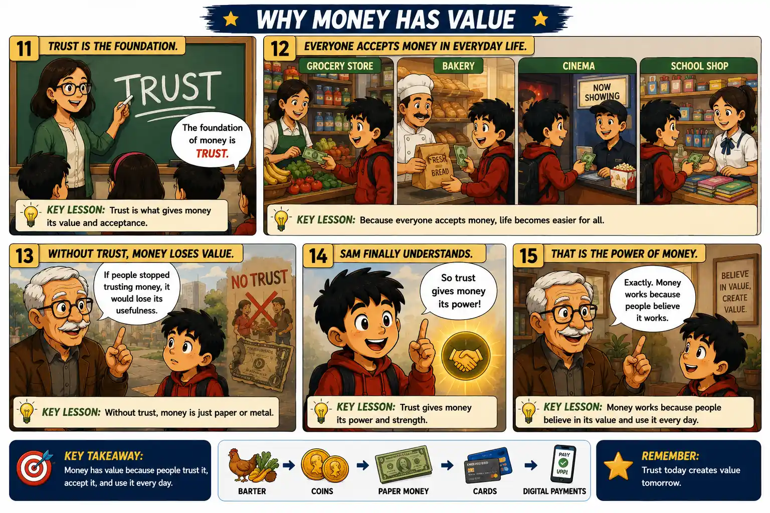StockMaster Comics Episode 2 comic panels 11–15 explaining why money has value through trust, showing everyday transactions at shops and Sam learning that money works because people believe and accept it.