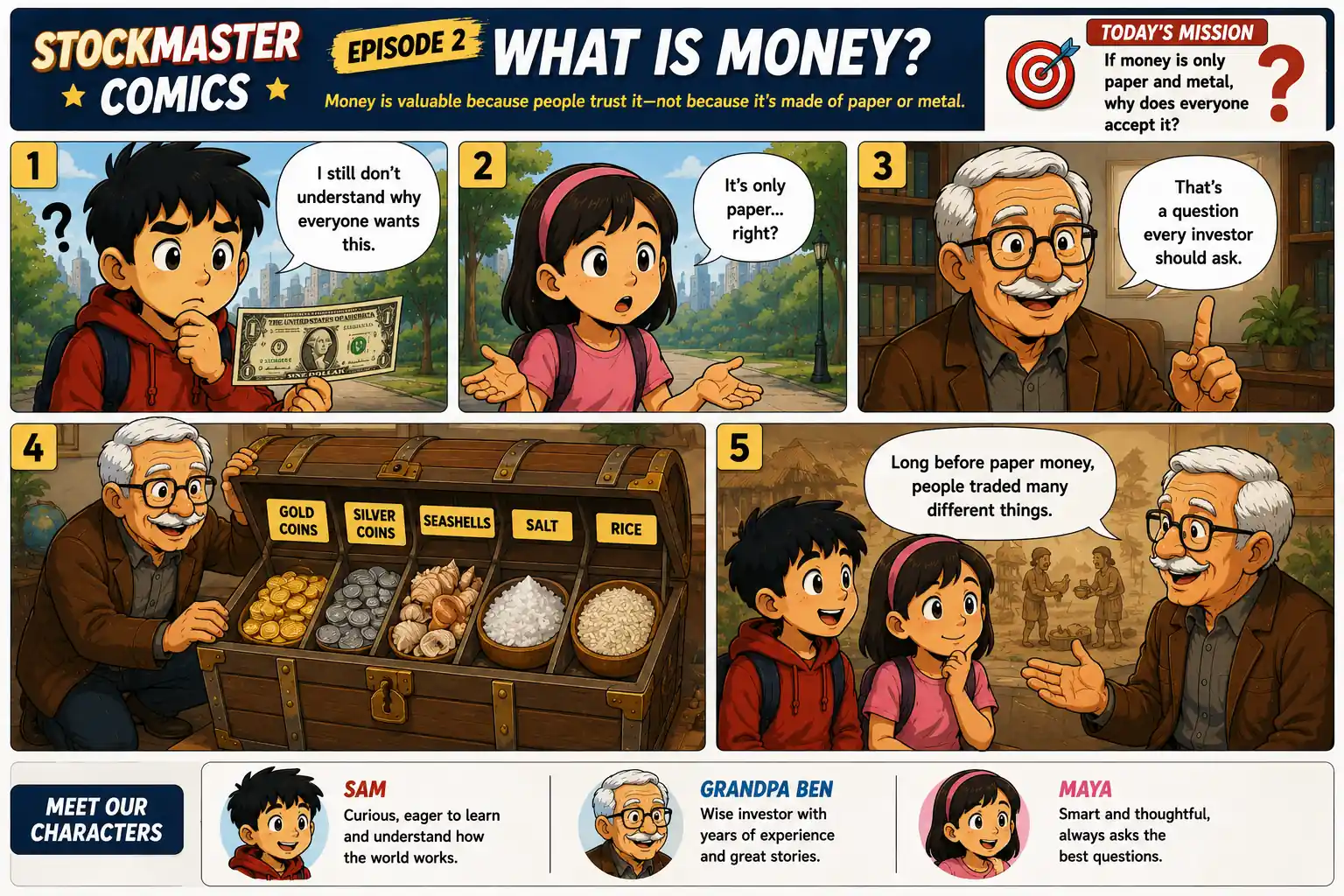 StockMaster Comics Episode 2 comic panels 1–5 showing Sam asking what money is, Maya questioning paper money, Grandpa Ben introducing barter, and explaining the history of gold coins, shells, salt, and rice as early forms of money.