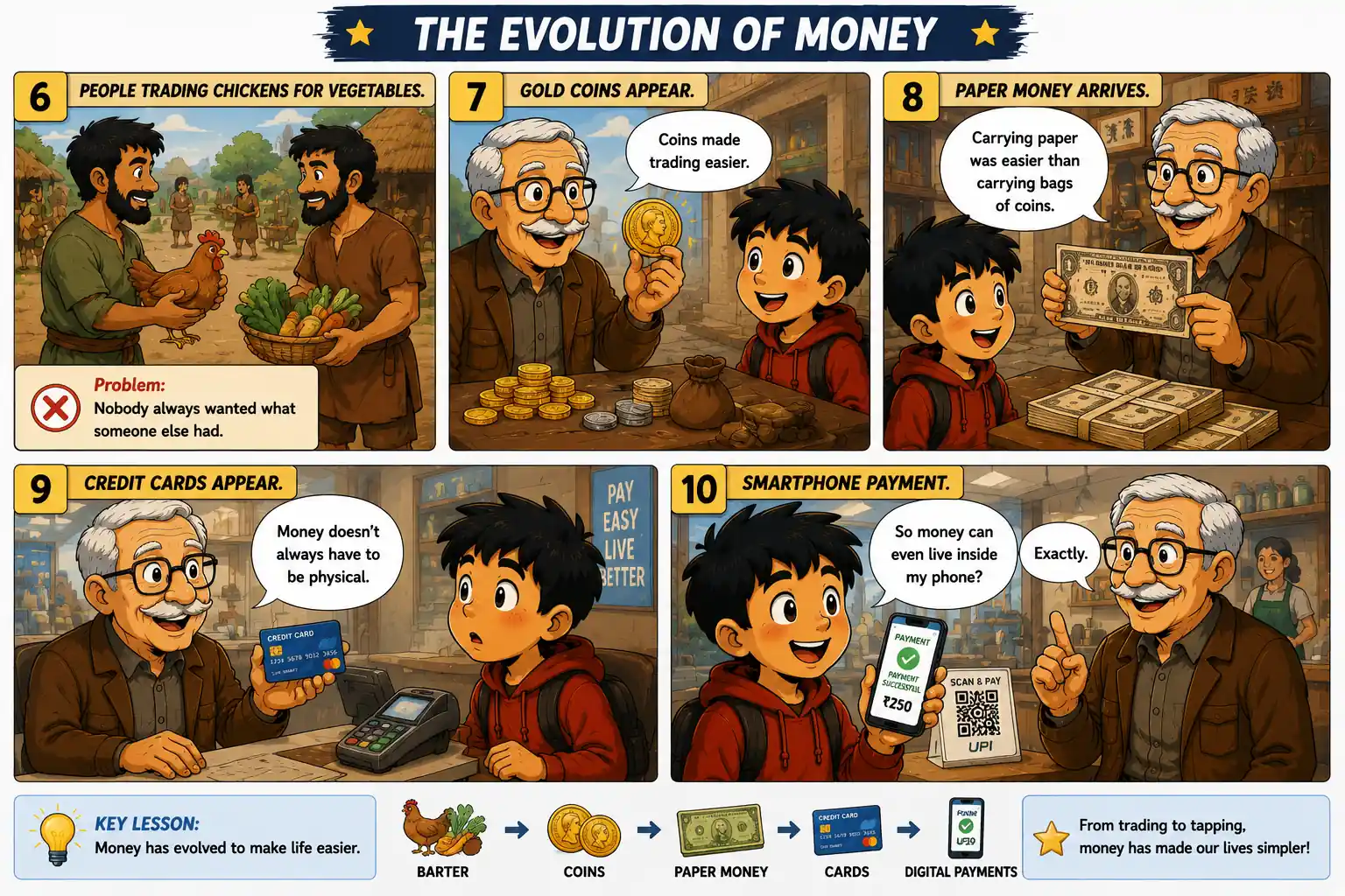 StockMaster Comics Episode 2 comic panels 6–10 illustrating the evolution of money from barter to gold coins, paper money, credit cards, and smartphone digital payments in an easy-to-understand educational story.