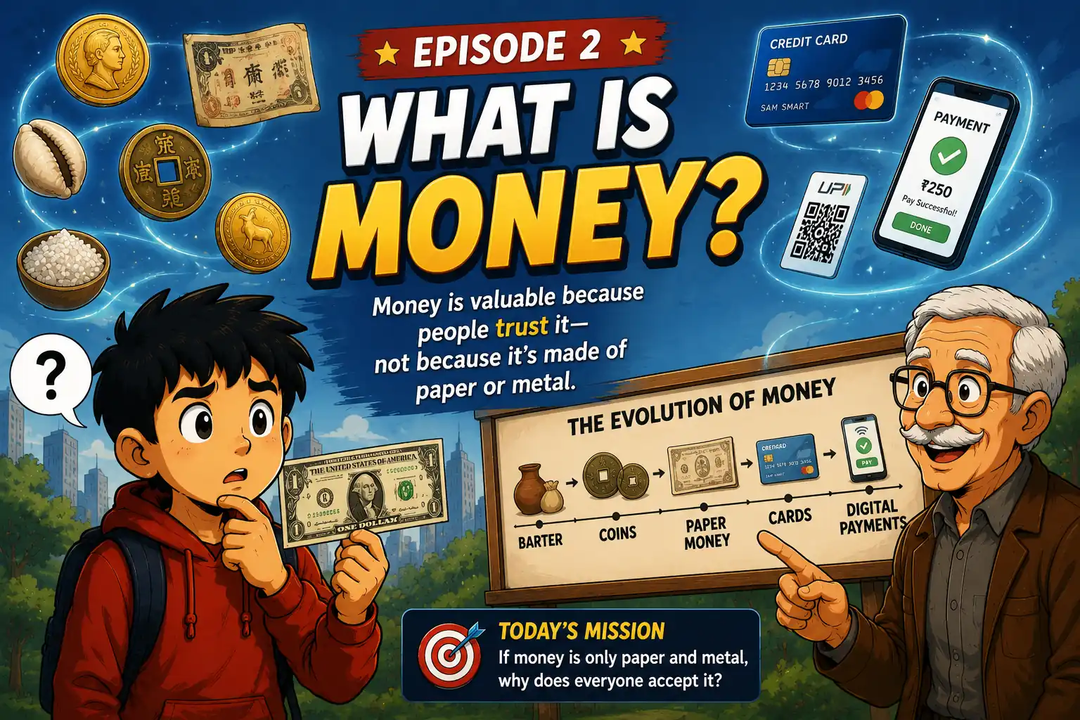 StockMaster Comics Episode 2 – Sam holds a dollar while Grandpa Ben explains the evolution of money from barter and coins to paper currency, credit cards, and digital payments.