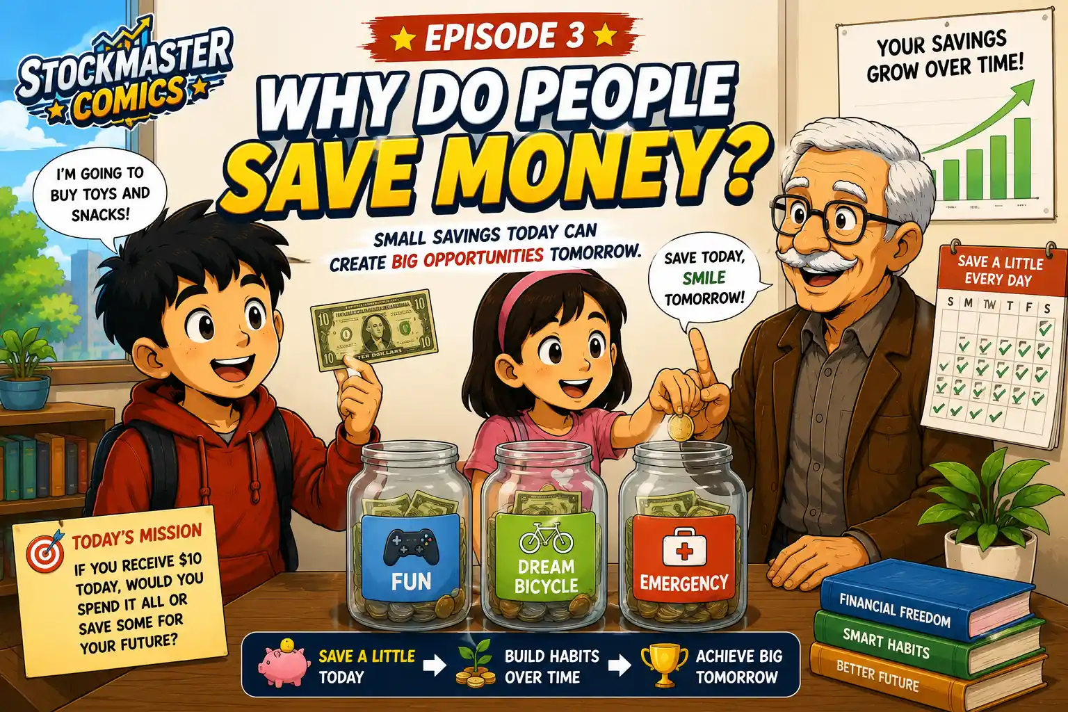 StockMaster Comics Episode 3 hero image showing Sam, Maya, and Grandpa Ben explaining why people save money using fun, dream bicycle, and emergency savings jars to build smart financial habits.