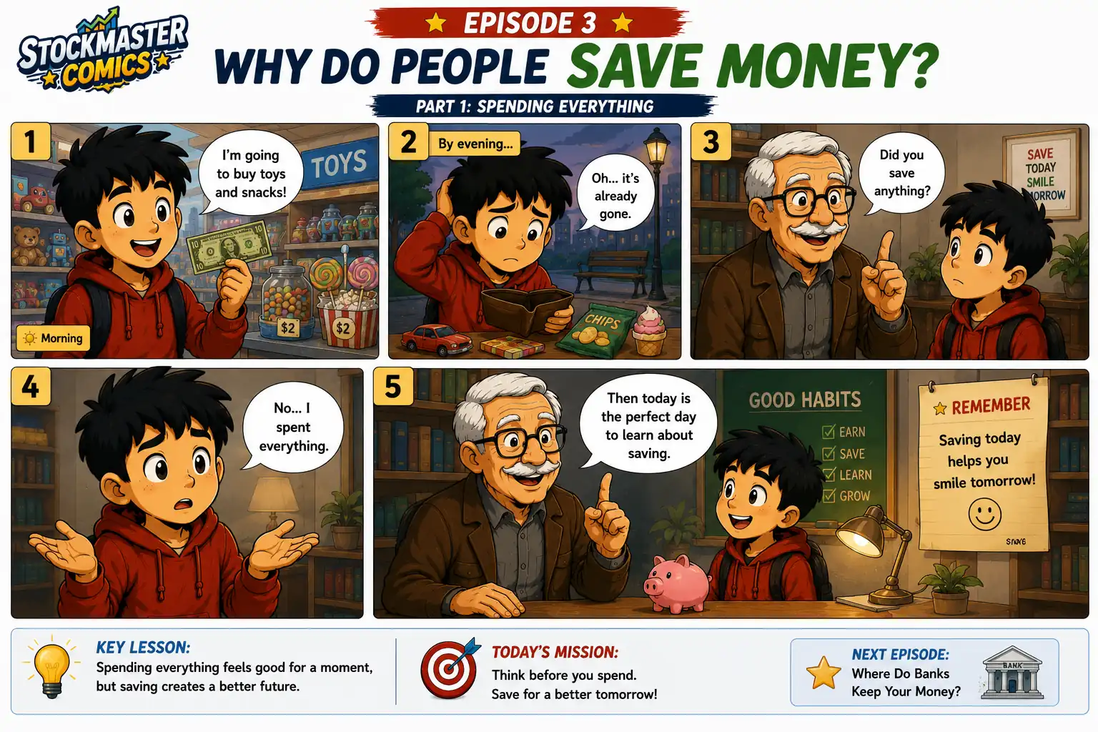 StockMaster Comics Episode 3 comic panels 1–5 showing Sam spending all his money, realizing it is gone, and Grandpa Ben introducing the importance of saving before spending.