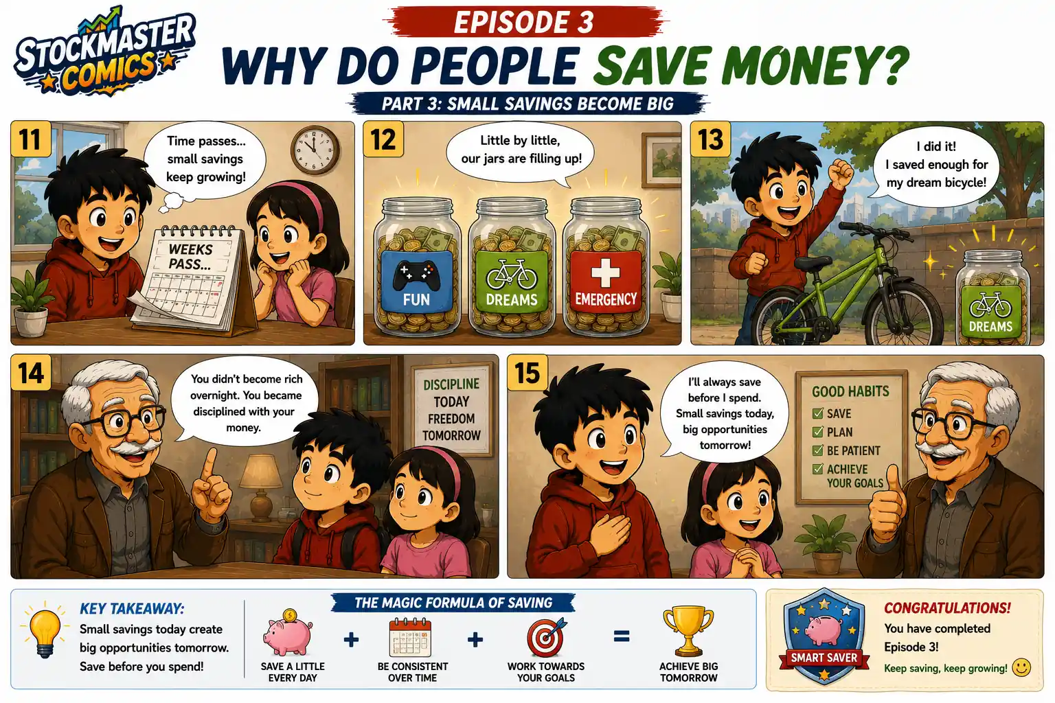 StockMaster Comics Episode 3 comic panels 11–15 showing how small savings grow over time, helping Sam buy his dream bicycle and develop lifelong saving habits.
