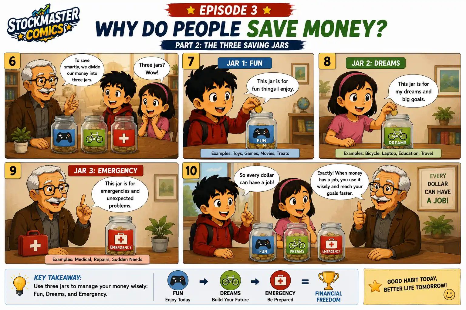 StockMaster Comics Episode 3 comic panels 6–10 explaining the three savings jars for fun, dreams, and emergencies, teaching how every dollar should have a purpose.