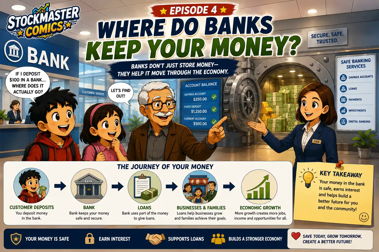 StockMaster Comics Episode 4 hero image showing Sam and Maya visiting a bank where Grandpa Ben and Bank Manager Lisa explain how banks safely store deposits, provide loans, and support economic growth.