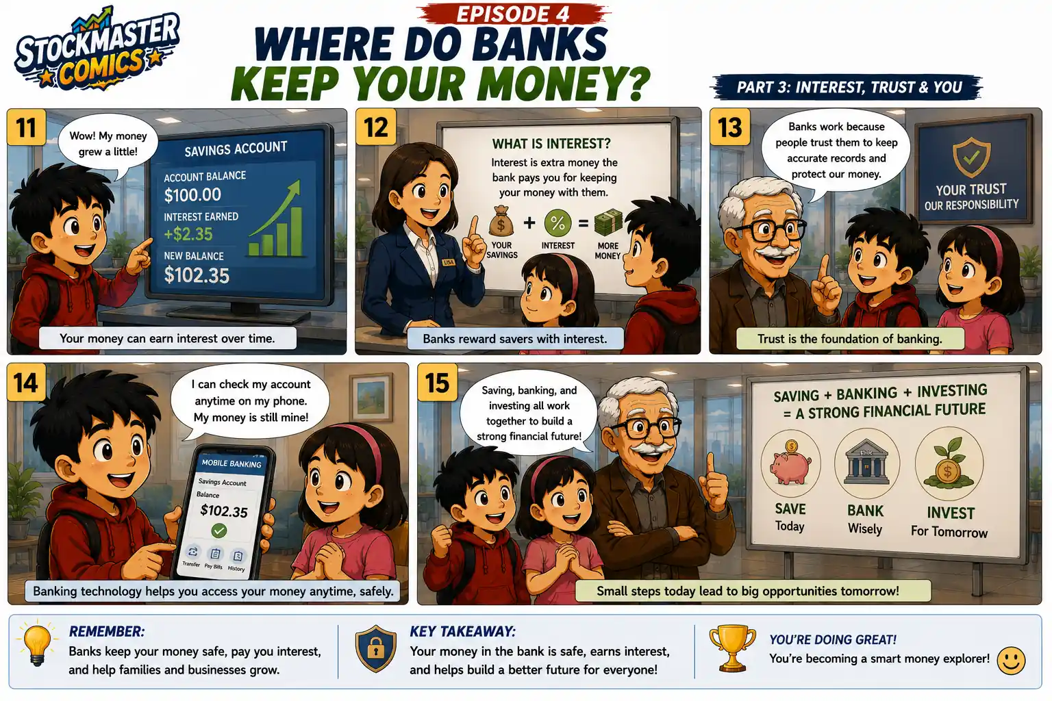 StockMaster Comics Episode 4 comic panels 11–15 explaining bank interest, trust, digital banking, and how saving, banking, and investing work together to build a strong financial future.