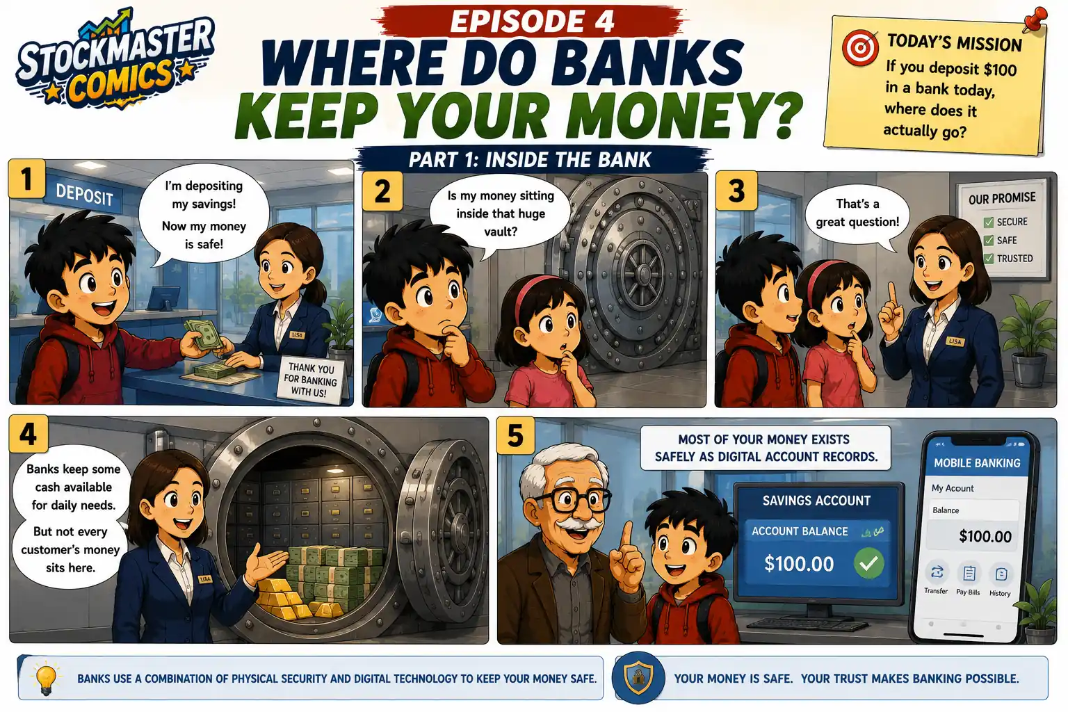 StockMaster Comics Episode 4 comic panels 1–5 showing Sam depositing money into a bank, exploring the bank vault, and learning that most money is securely stored as digital account records.