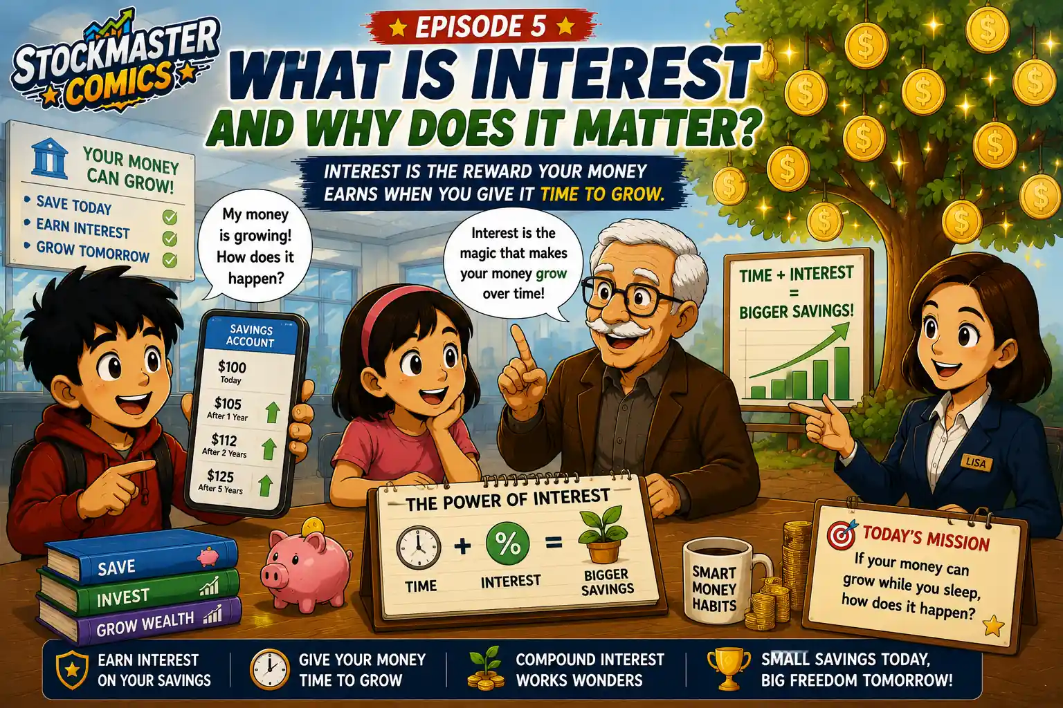 StockMaster Comics Episode 5 hero image showing Sam, Maya, Grandpa Ben, and Bank Manager Lisa explaining how interest helps savings grow over time using charts, a savings account, and a money tree with golden coins.