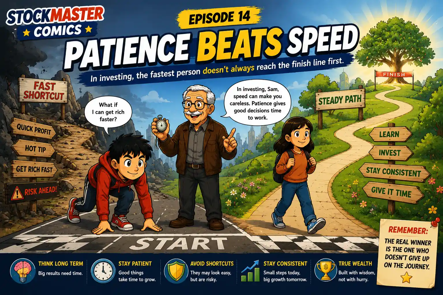 StockMaster Comics Episode 14 Patience Beats Speed hero illustration showing Sam choosing a risky shortcut, Maya following a steady investment path, and Grandpa Ben teaching that patience and consistency build long-term wealth.