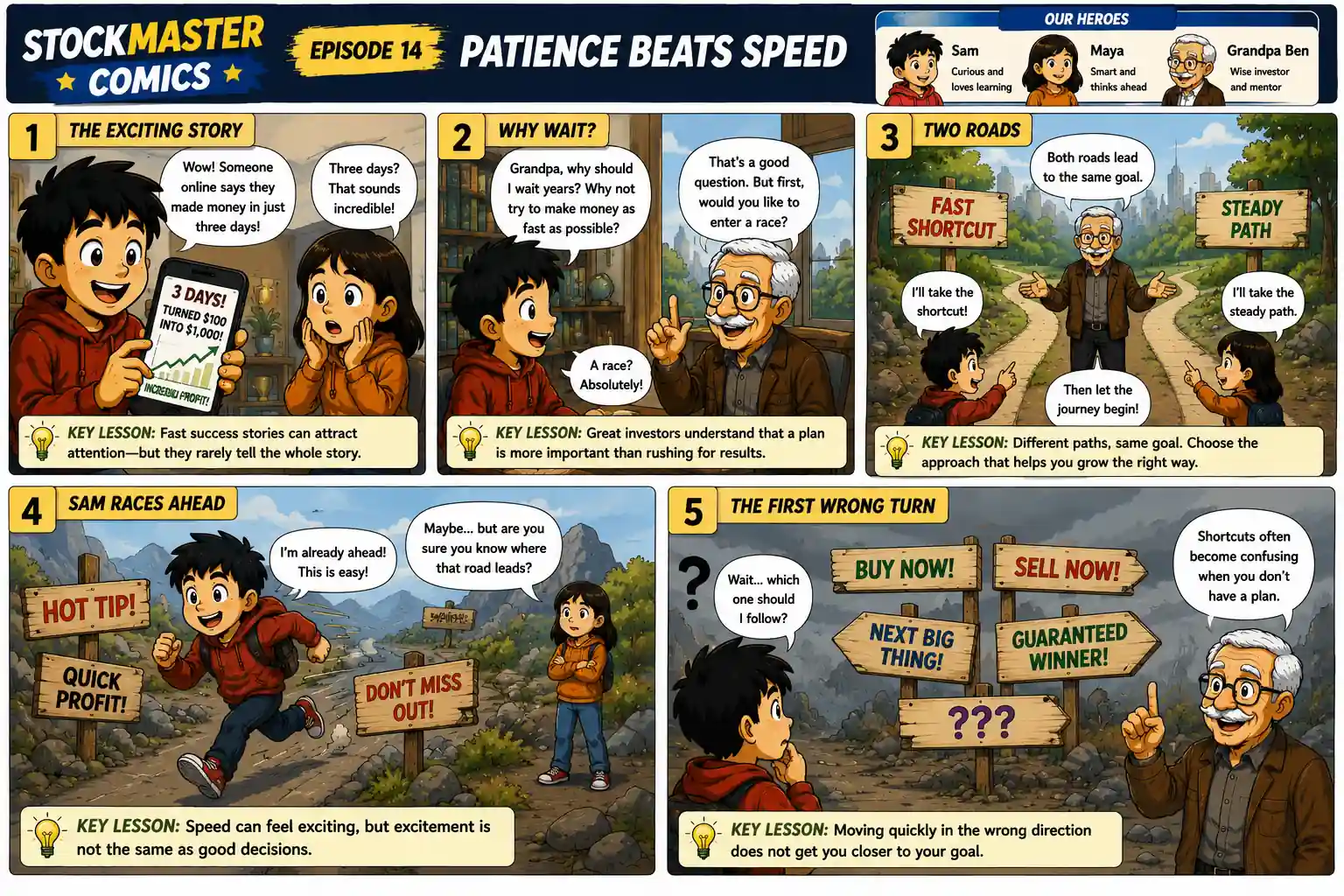 StockMaster Comics Episode 14 comic panels 1 to 5 where Sam is tempted by fast profits, Grandpa Ben introduces a race between a risky shortcut and a steady path, teaching that good investing starts with a plan instead of chasing quick success.