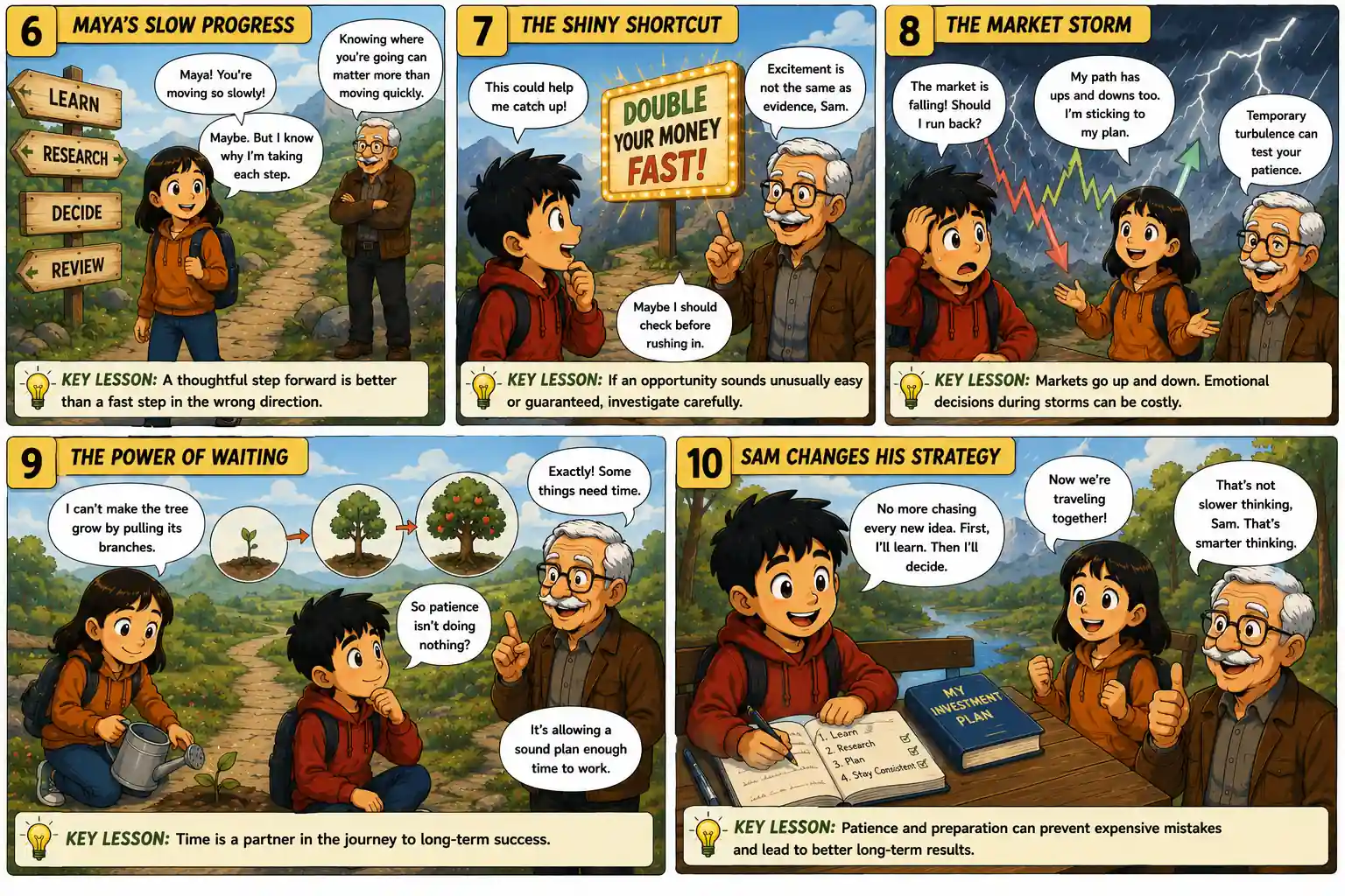 StockMaster Comics Episode 14 comic panels 6 to 10 showing Maya making steady progress, Sam resisting get-rich-quick opportunities, learning from market volatility, understanding patience, and creating a long-term investment plan.