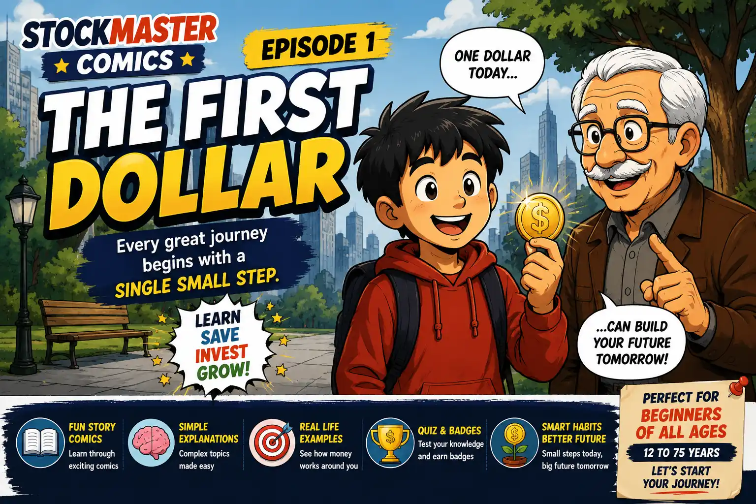 StockMaster Comics Episode 1 The First Dollar cover featuring Sam and Grandpa Ben introducing the basics of money, saving and investing.