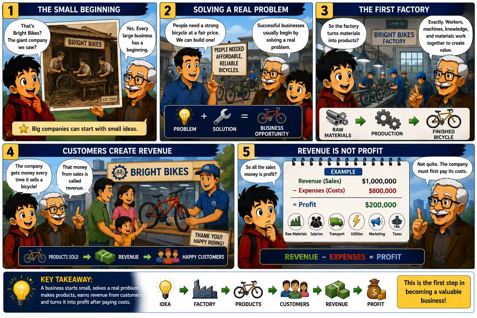 StockMaster Comics Episode 10 panels 1–5 explaining how Bright Bikes began small, solved a customer problem, built its first factory, earned revenue from customers, and turned sales into profit after expenses.