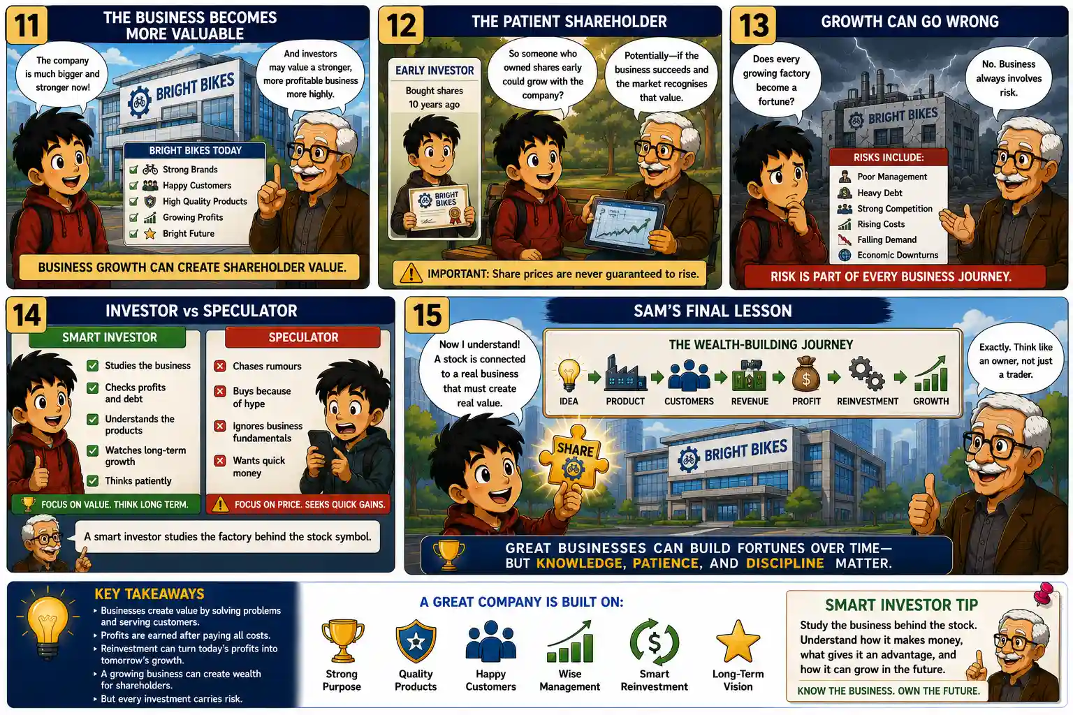 StockMaster Comics Episode 10 panels 11–15 explaining how business growth can create shareholder value, why patient investors may benefit, the risks of investing, and the difference between a smart investor and a speculator.