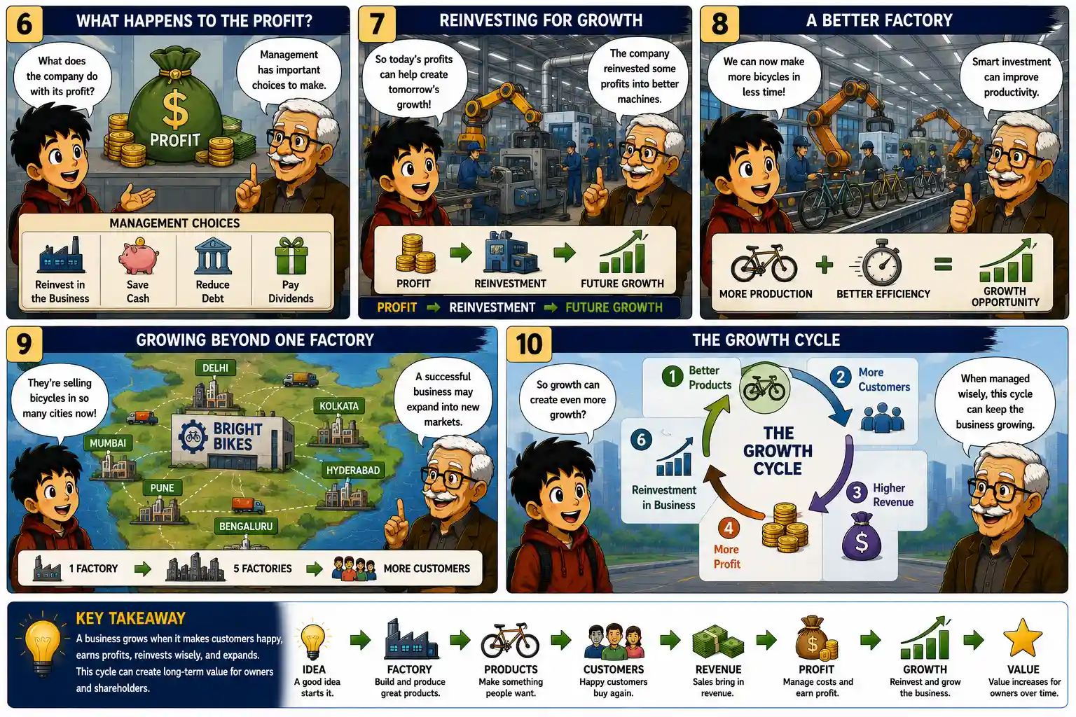 StockMaster Comics Episode 10 panels 6–10 explaining how businesses use profits, reinvest in better machinery, improve productivity, expand into new markets, and create a long-term growth cycle.
