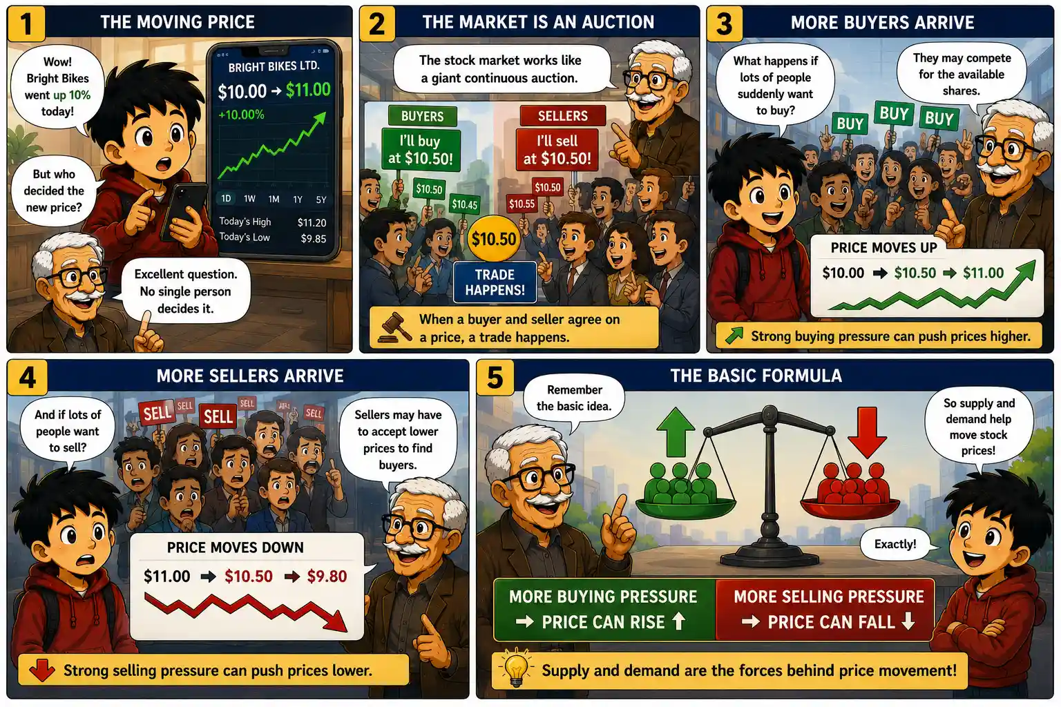 StockMaster Comics panels 1–5 explaining how the stock market works like an auction and how buying and selling pressure, supply and demand, cause stock prices to rise or fall.