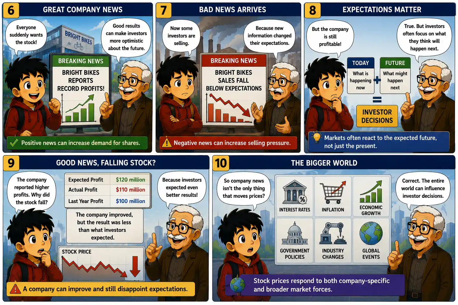 StockMaster Comics panels 6–10 explaining how company news, investor expectations, interest rates, inflation, economic growth, government policies and global events influence stock prices.