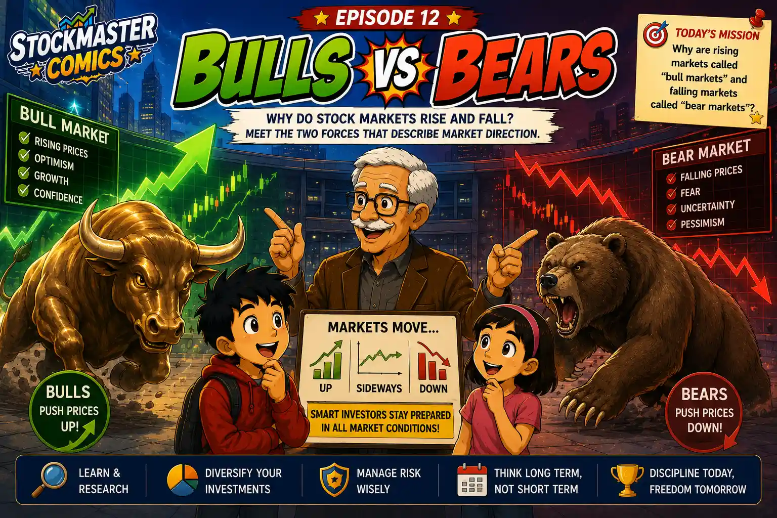 StockMaster Comics Episode 12 Bulls vs Bears hero image explaining bull and bear markets, rising and falling stock prices, market direction and smart investing.