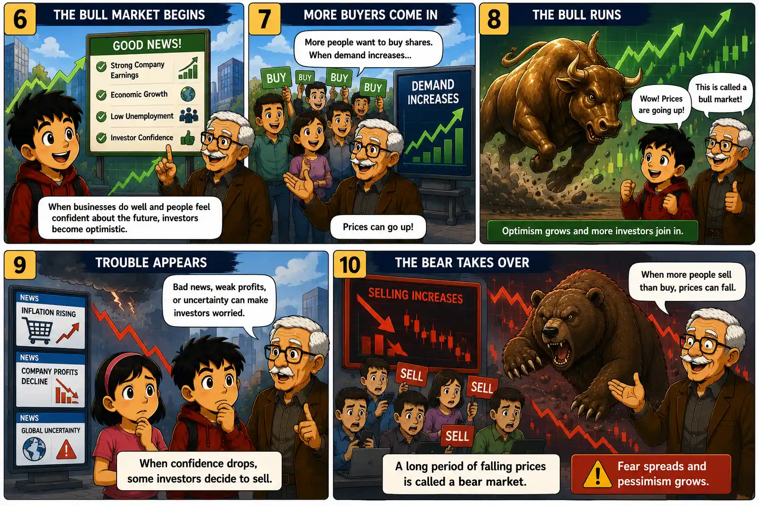 StockMaster Comics Bulls vs Bears panels 6–10 showing how positive news and investor confidence can create bull markets while fear and increased selling can lead to bear markets.
