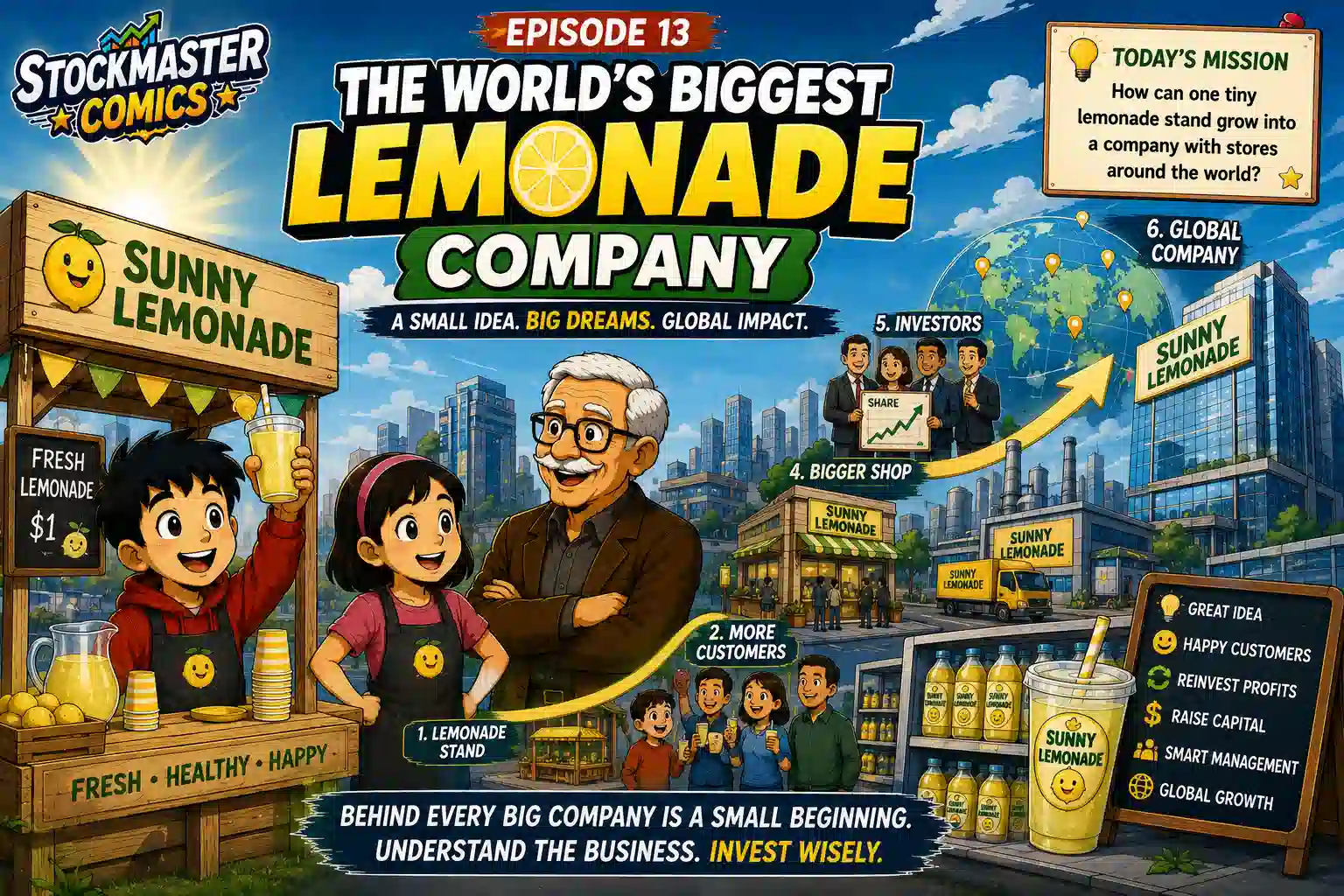 StockMaster Comics Episode 13 hero image showing how Sunny Lemonade grows from a small lemonade stand into a global company through customers, reinvestment, capital and investors.