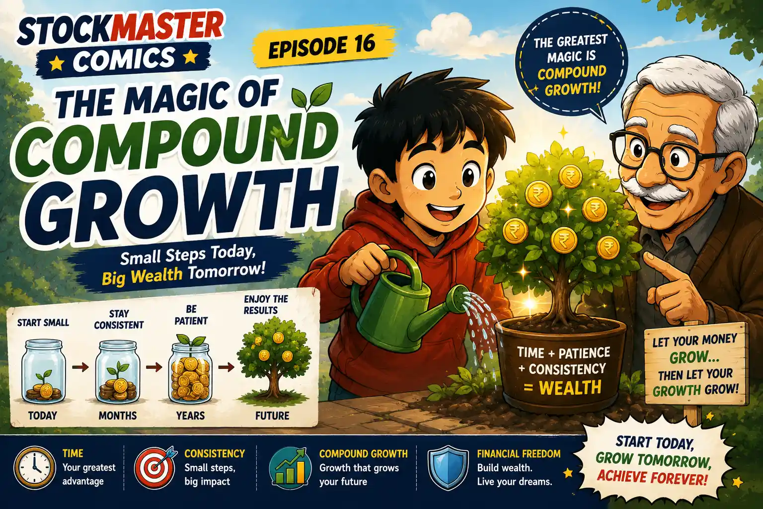 StockMaster Comics Episode 16 The Magic of Compound Growth showing Sam and Grandpa Ben learning how time, patience and consistency can grow money.