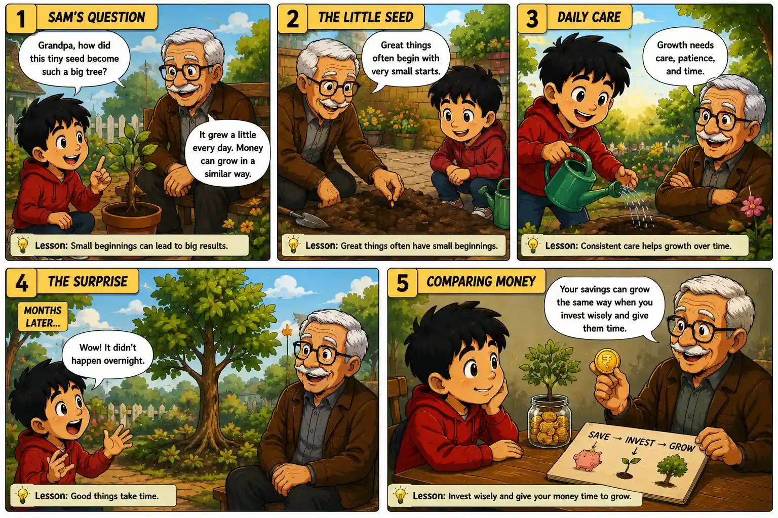 Sam and Grandpa Ben explain compound growth using a seed, daily care and a growing tree in StockMaster Comics Episode 16.