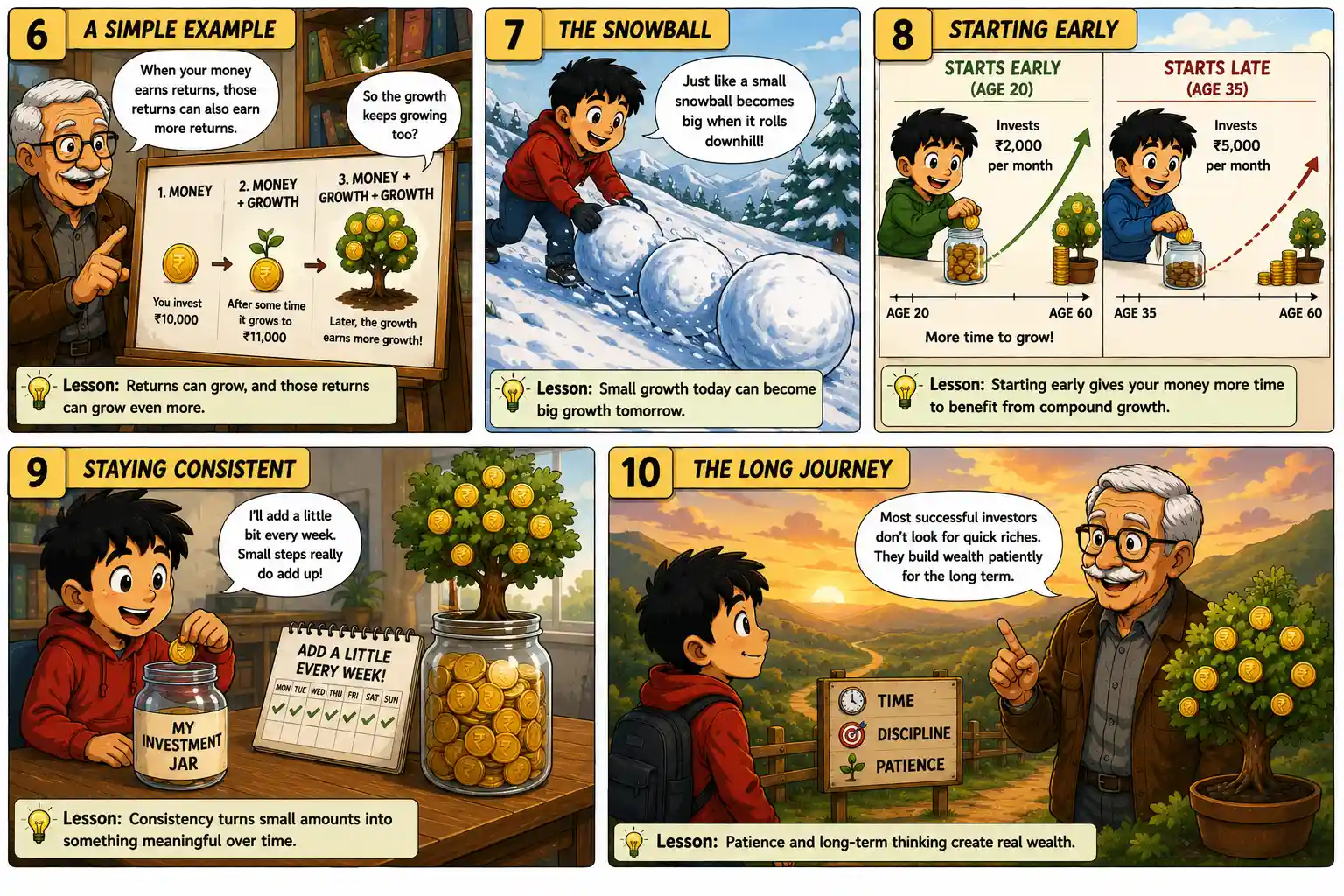 Compound growth comic explaining returns, the snowball effect, starting early, consistent investing and long-term wealth building.