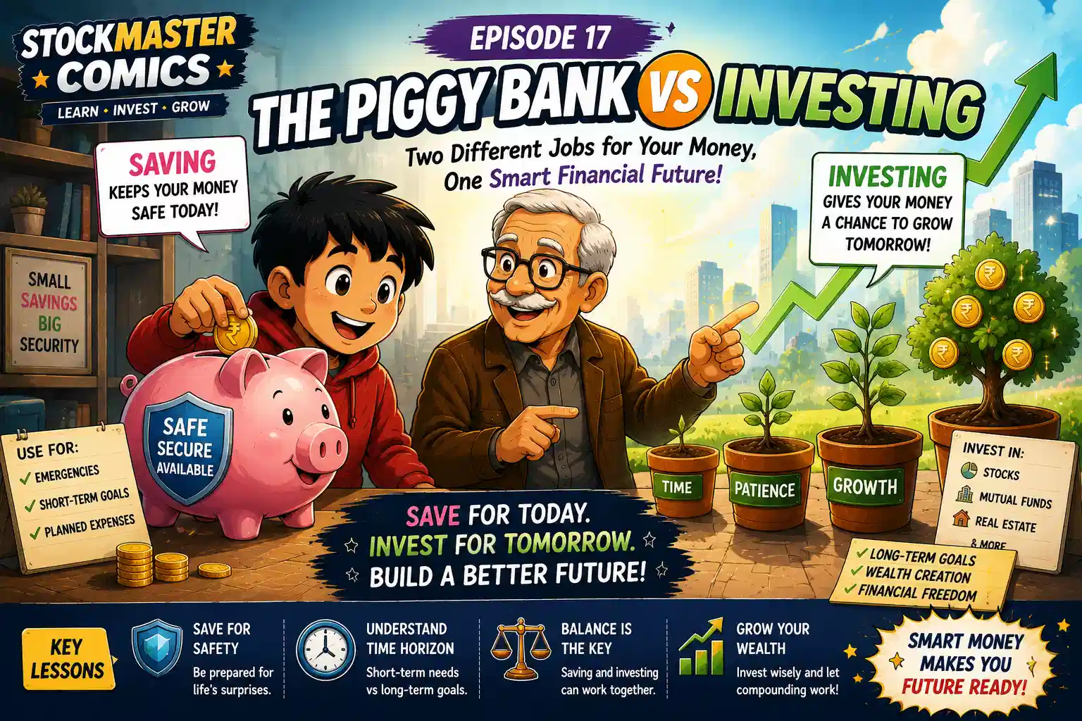 StockMaster Comics Episode 17 The Piggy Bank vs Investing showing Sam and Grandpa Ben explaining the difference between saving and investing for financial goals.