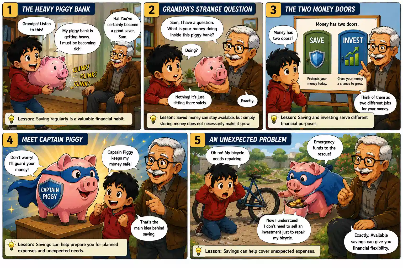 Sam and Grandpa Ben explain saving, piggy banks, emergency funds and short-term financial needs in StockMaster Comics Episode 17.