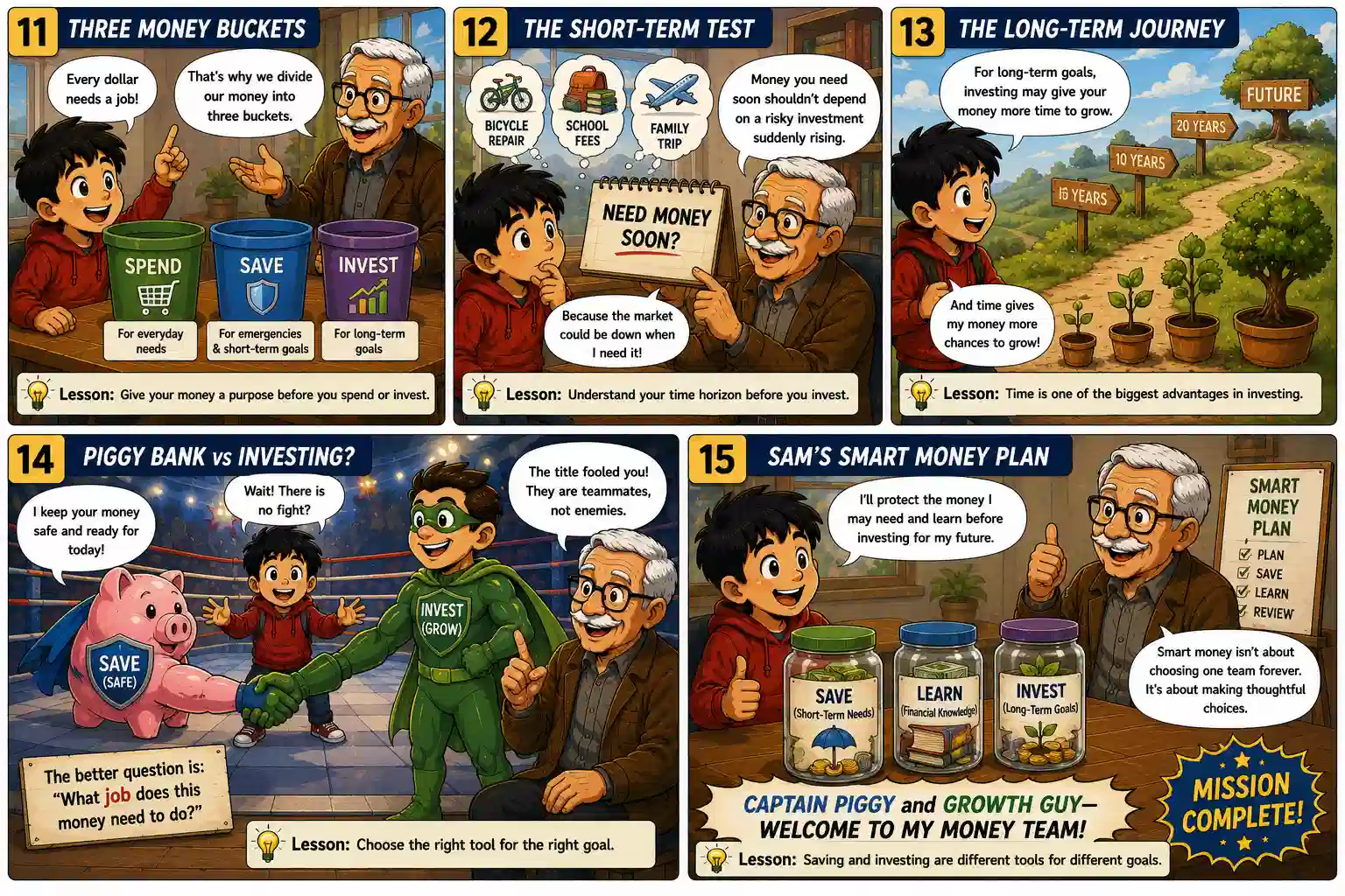 Sam learns about spending, saving, investing, time horizon and choosing the right money strategy for short-term and long-term financial goals.