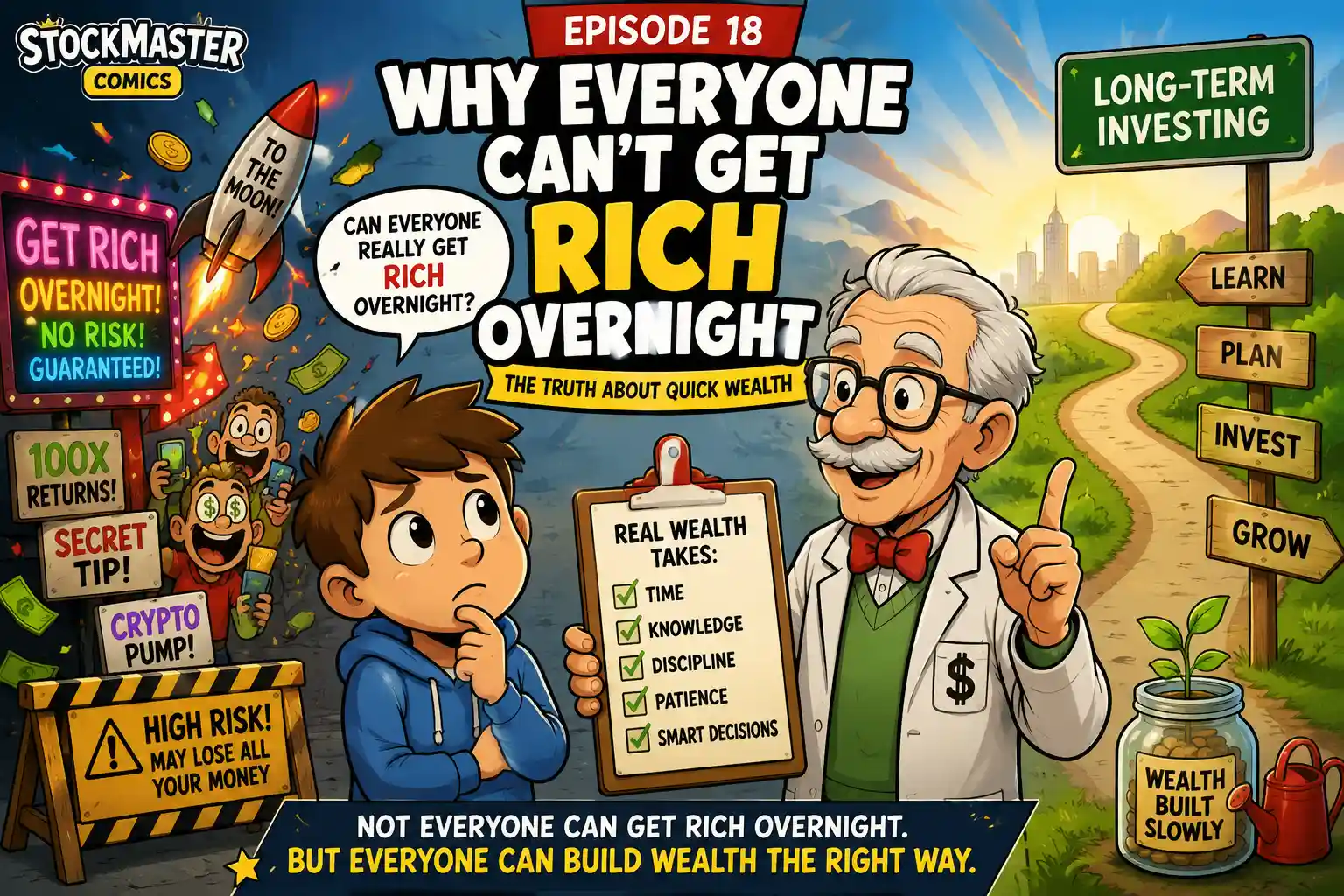 StockMaster Comics Episode 18 Why Everyone Can't Get Rich Overnight showing Sam and Grandpa Ben explaining quick wealth risks and long-term investing.
