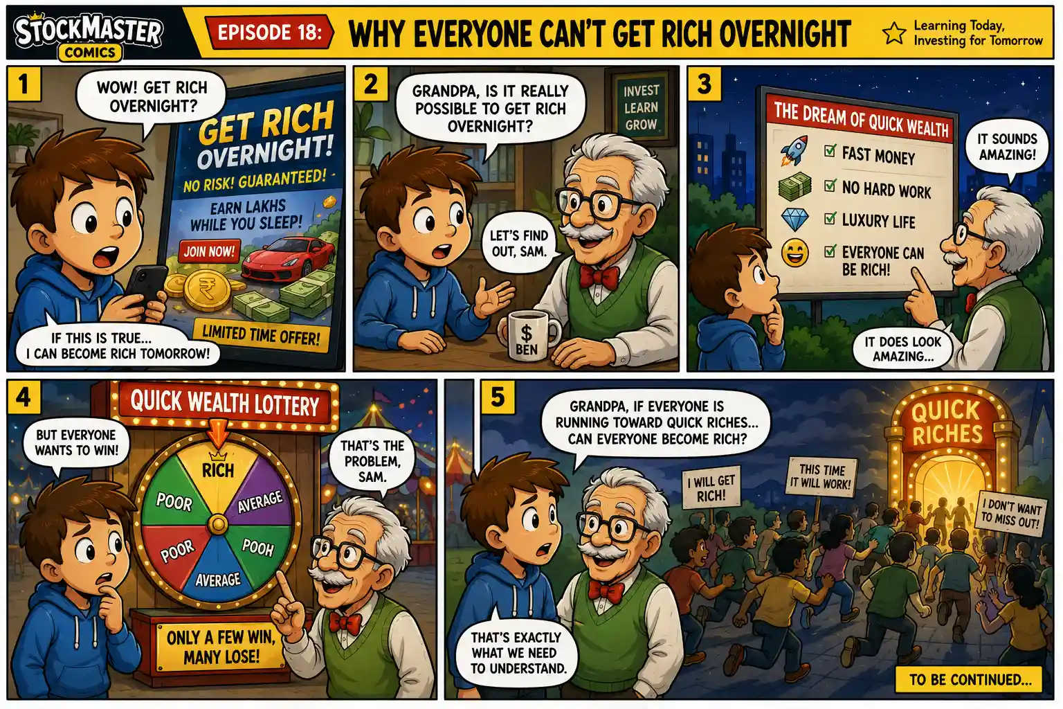 Sam discovers get rich quick promises and asks Grandpa Ben why everyone cannot become rich overnight in StockMaster Comics Episode 18.
