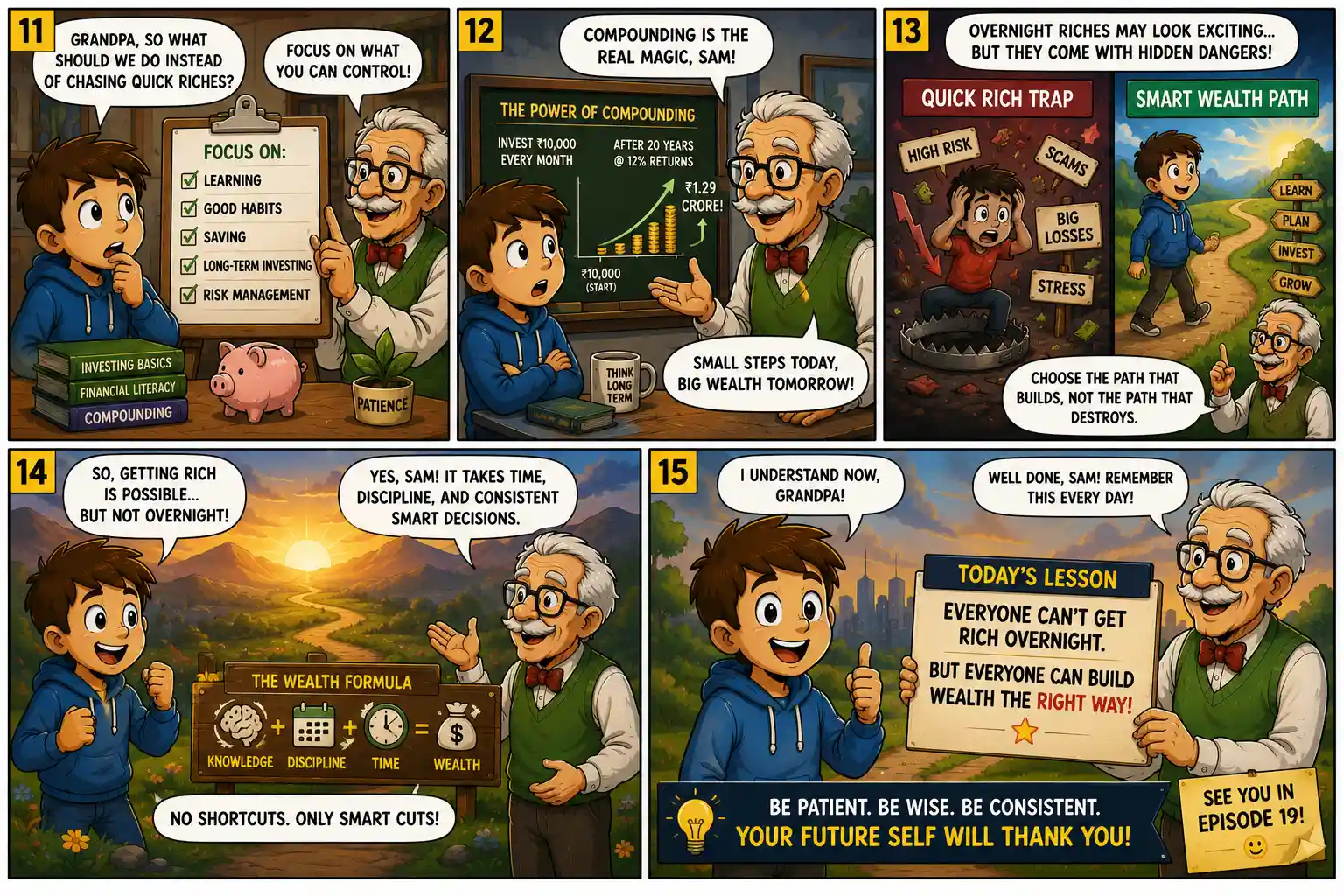 Sam learns about compound growth, risk management and long-term investing as Grandpa Ben explains the smart path to building wealth.
