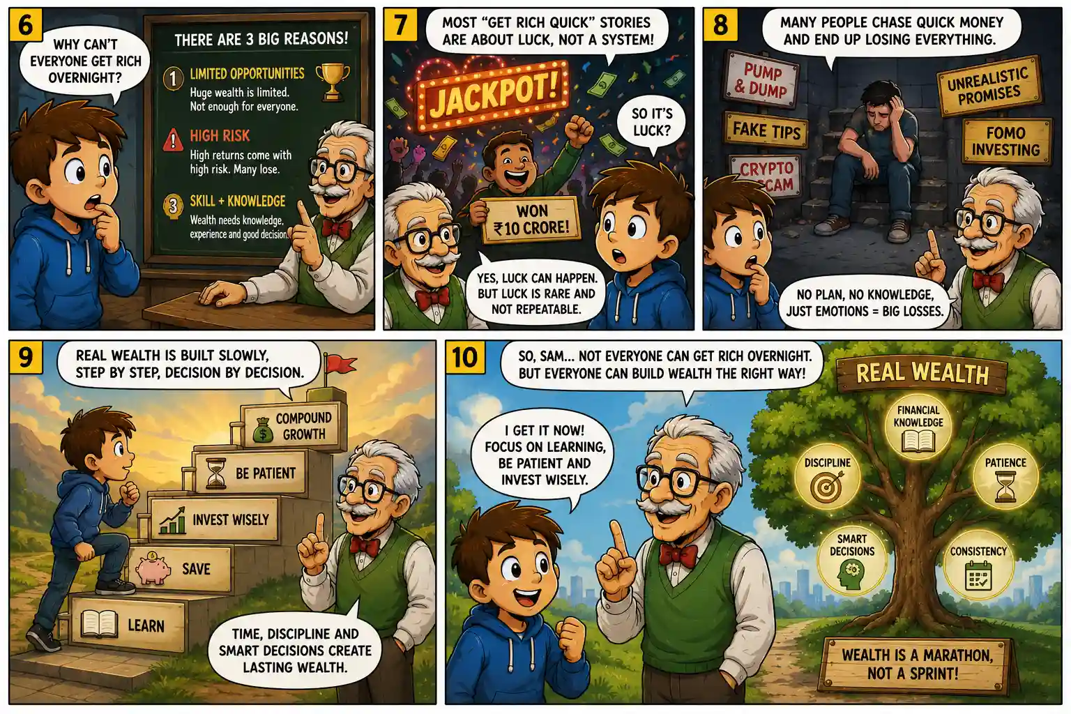 Grandpa Ben explains luck, high risk, quick money traps and how real wealth is built slowly through learning, patience and smart investing.