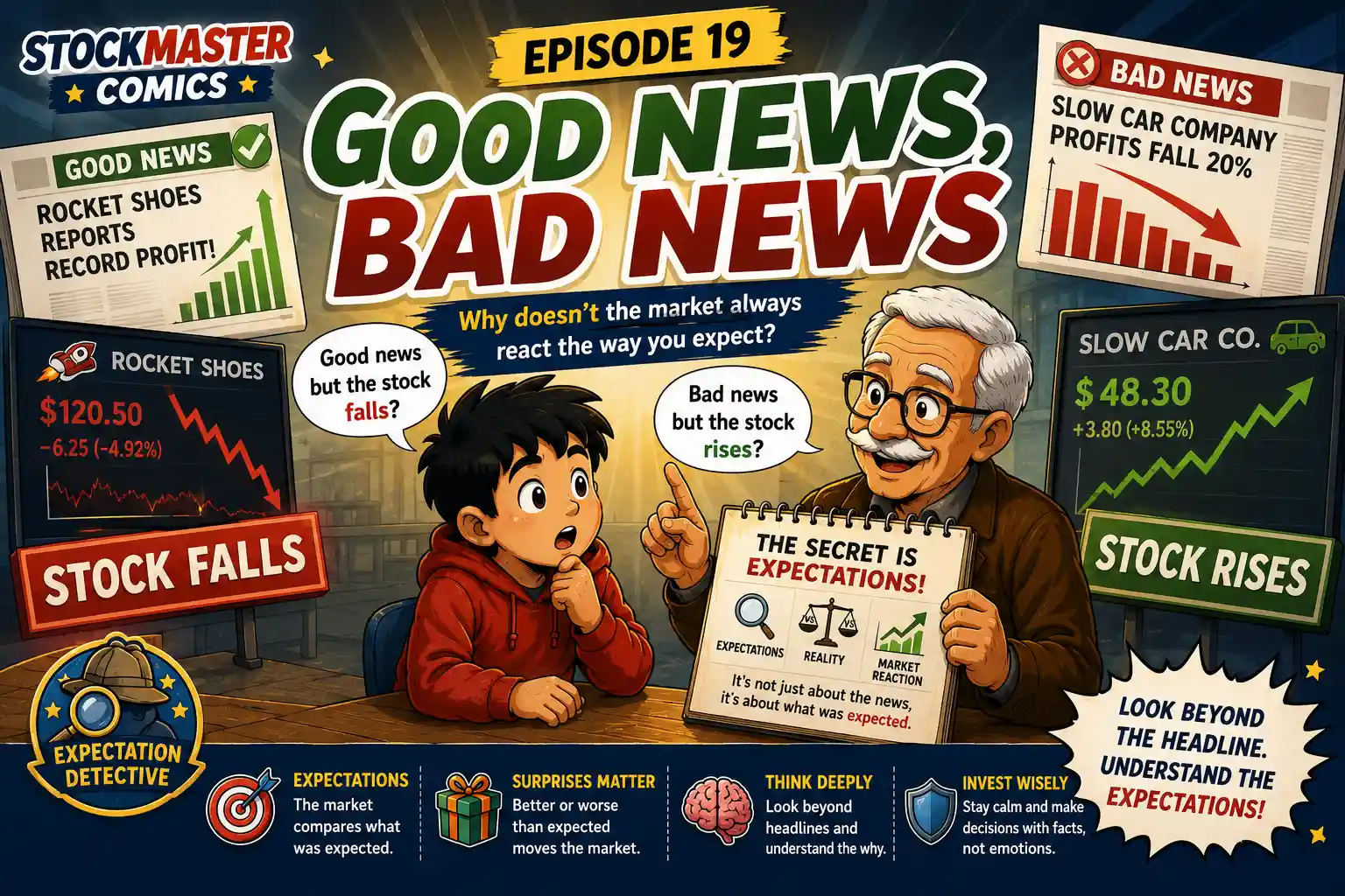 StockMaster Comics Episode 19 Good News Bad News showing Sam and Grandpa Ben explaining why stocks can fall on good news and rise on bad news due to market expectations.