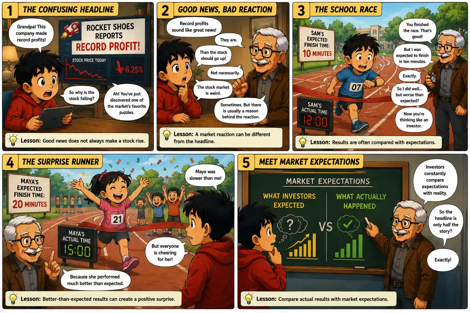Sam and Grandpa Ben explain why good news can make a stock fall and how investors compare actual company results with market expectations.