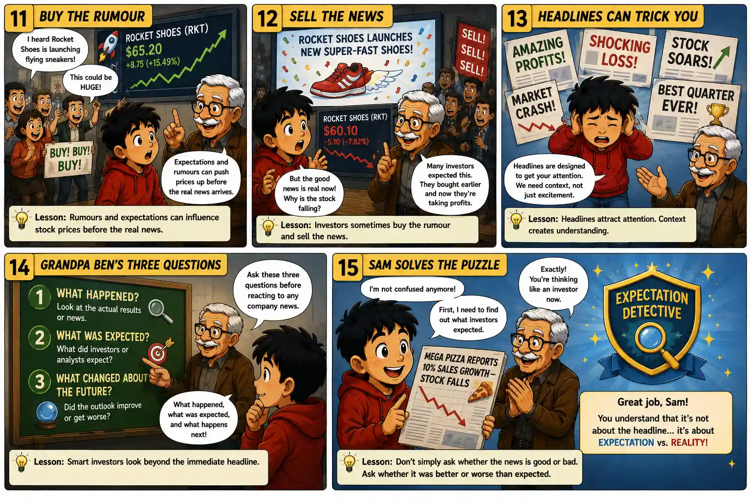 Sam learns about buy the rumour sell the news, misleading market headlines and three questions investors should ask before reacting to company news.