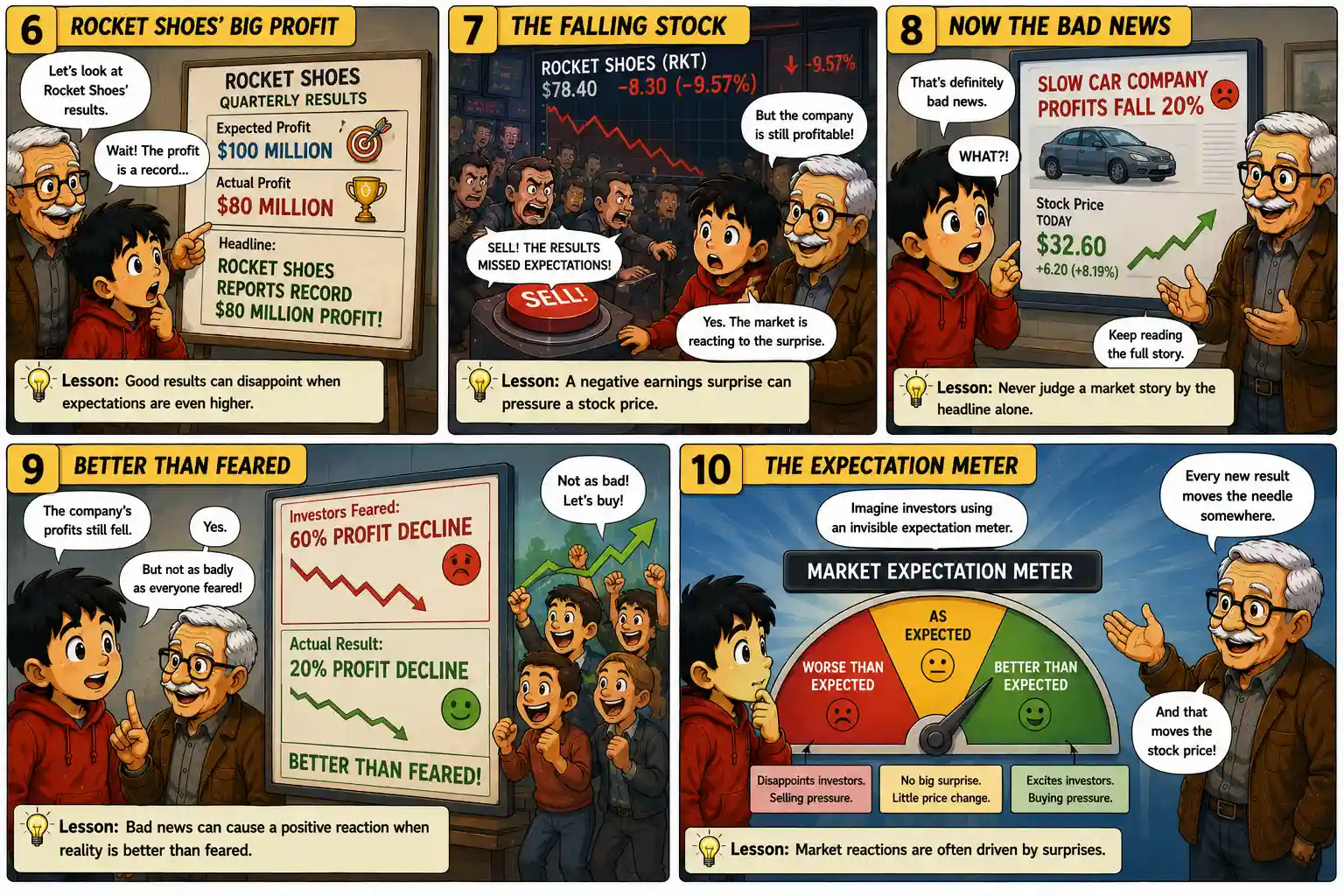 Stock market comic explaining earnings surprises, better-than-feared results and how market expectations influence stock price reactions.