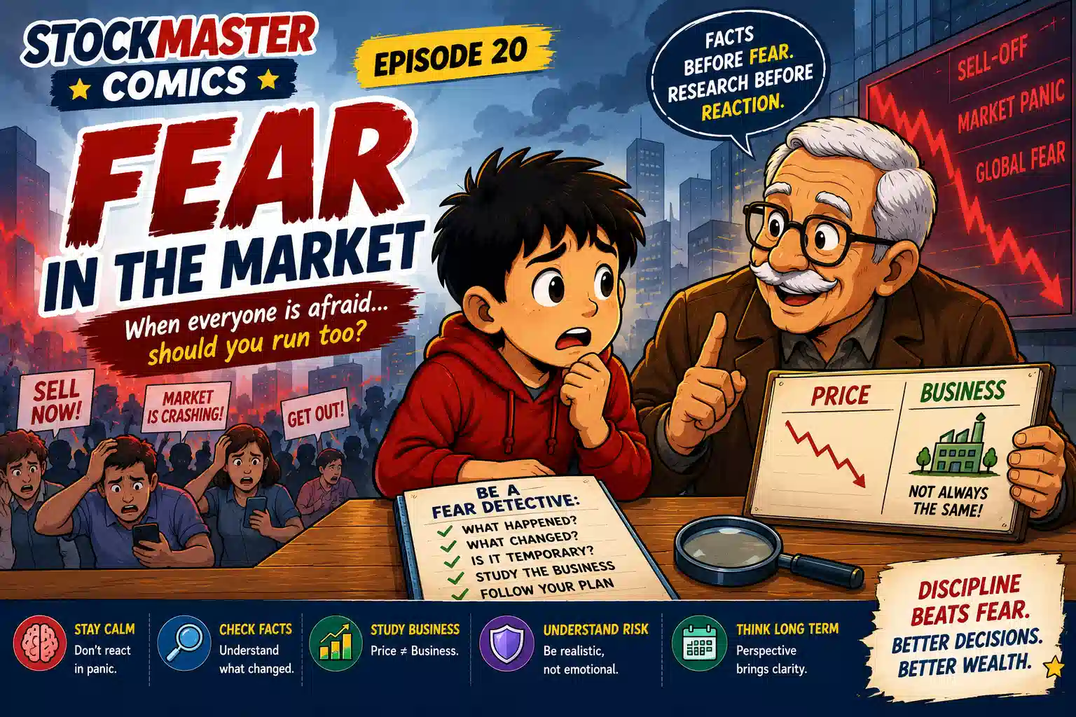 StockMaster Comics Episode 20 Fear in the Market showing Sam and Grandpa Ben learning how fear, panic selling and investor emotions affect stock market decisions.