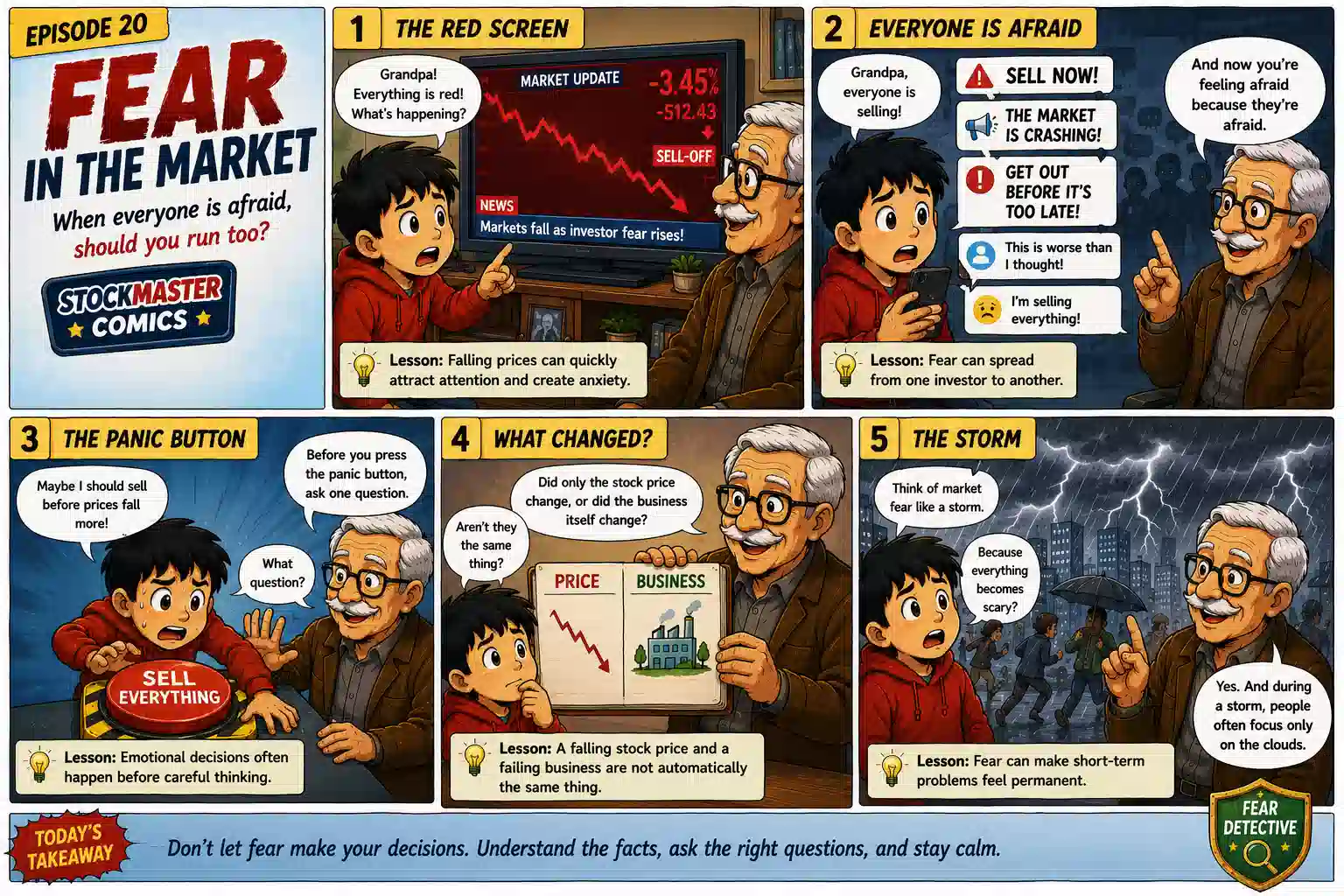 Fear in the Market comic panels showing Sam learning about falling stock prices, investor panic, fear spreading and the difference between stock price and business performance.