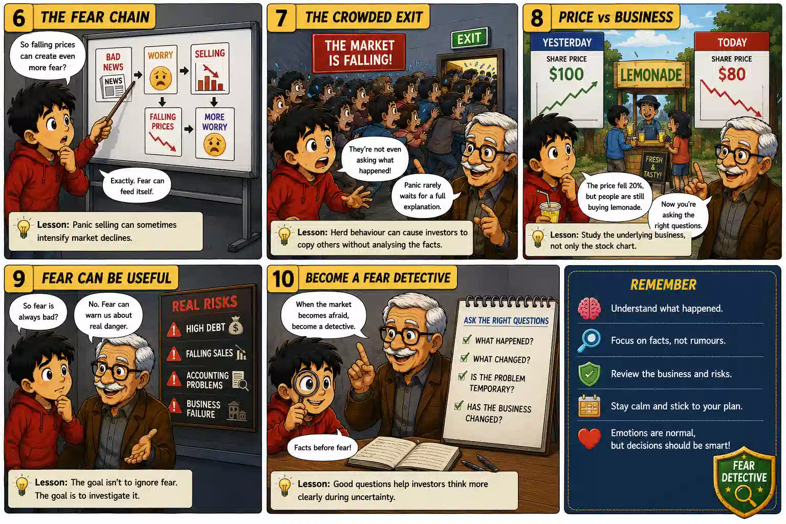 Stock market fear comic explaining panic selling, herd behaviour, price versus business value, real investment risks and how investors can investigate market fear.