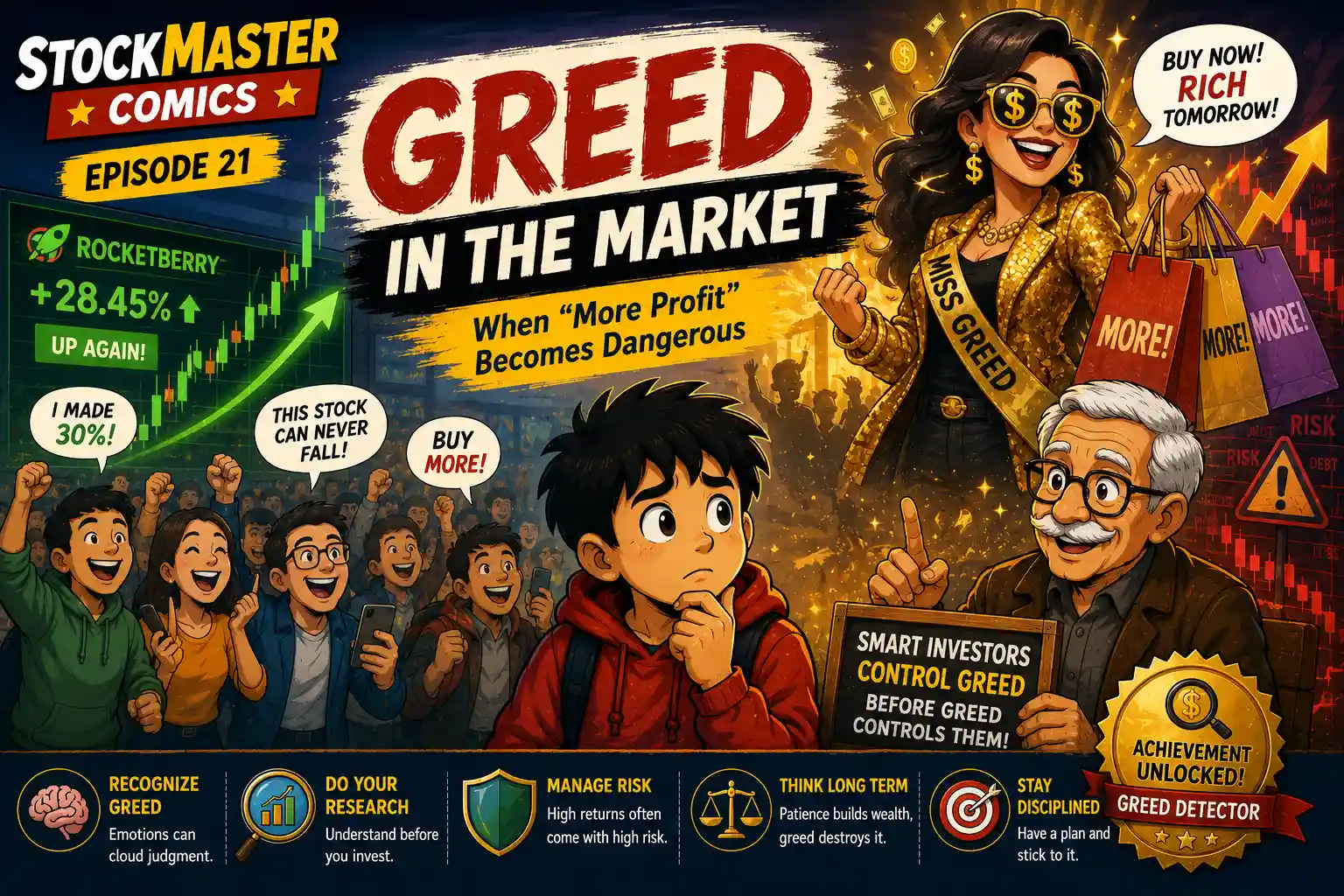 StockMaster Comics Episode 21 Greed in the Market showing Sam, Grandpa Ben and Miss Greed explaining how market greed, rising stock prices and emotions affect investor decisions.