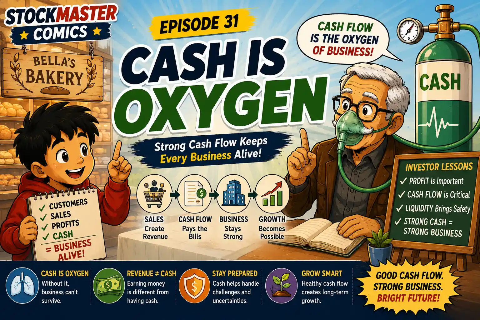 StockMaster Comics Episode 31 Cash Is Oxygen featuring Sam and Grandpa Ben explaining why strong cash flow is the lifeblood of every successful business.