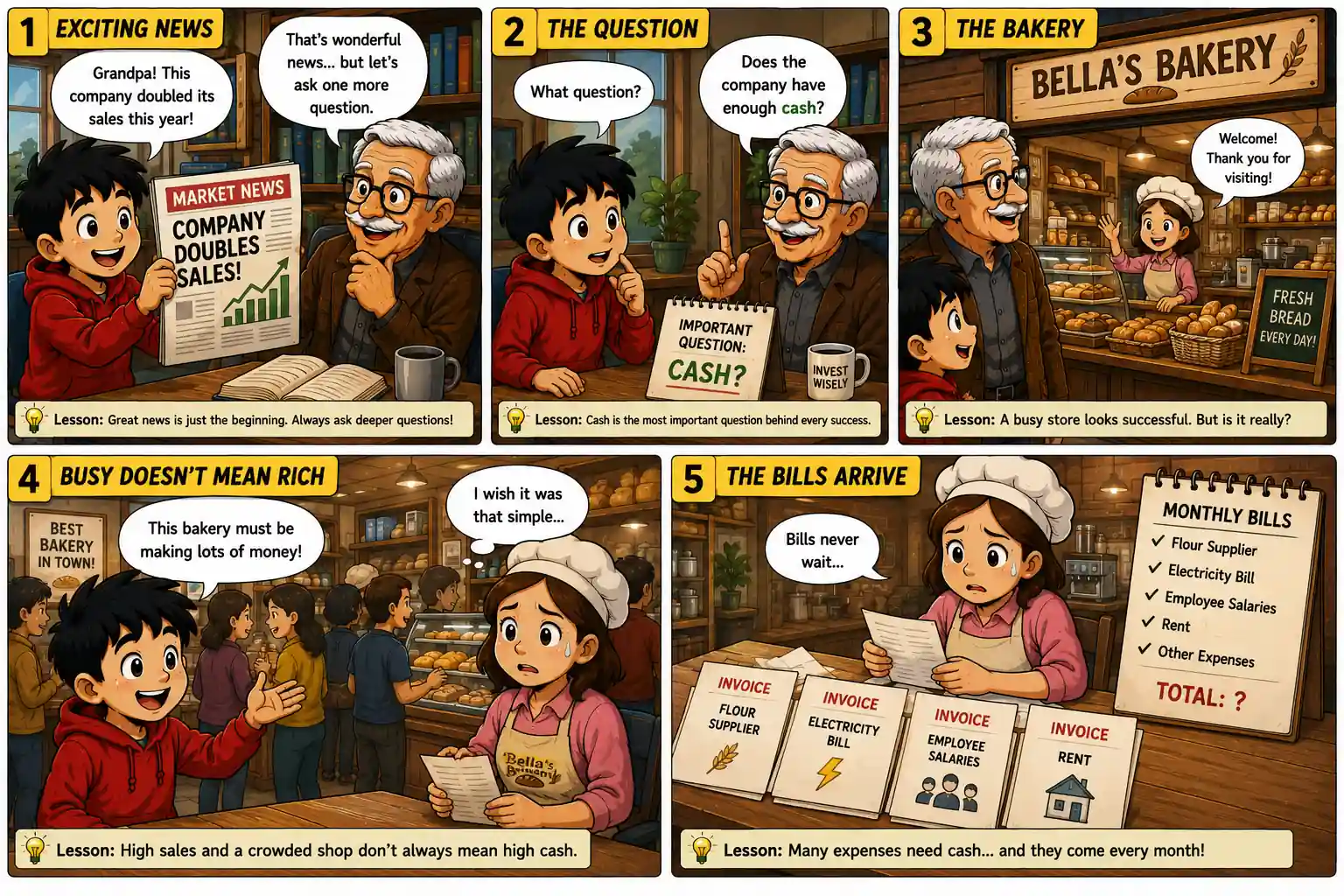 StockMaster Comics Episode 31 panels 1 to 5 showing Sam learning that high sales do not always mean a business has enough cash to pay its bills.