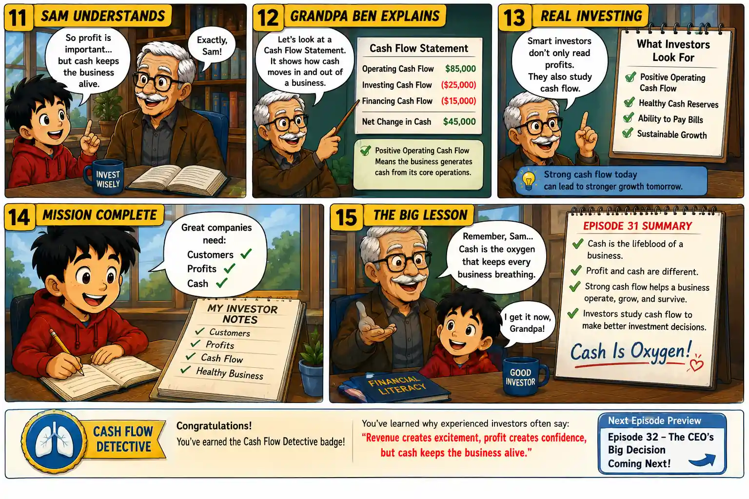 StockMaster Comics Episode 31 panels 11 to 15 showing Grandpa Ben teaching Sam that investors study cash flow because cash is the oxygen that keeps businesses alive.