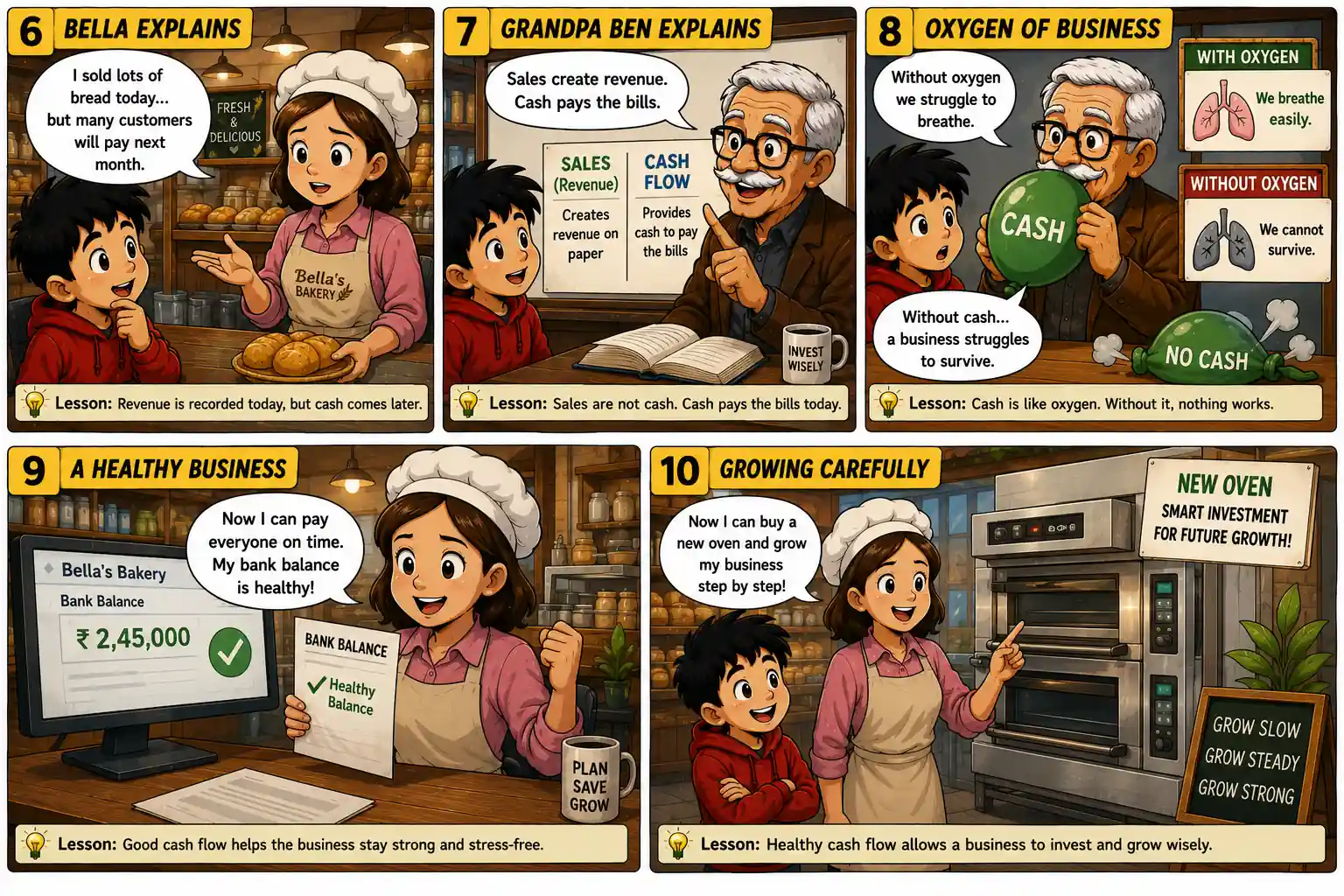 StockMaster Comics Episode 31 panels 6 to 10 explaining cash flow, why cash pays business expenses, and how healthy cash flow supports long-term growth.