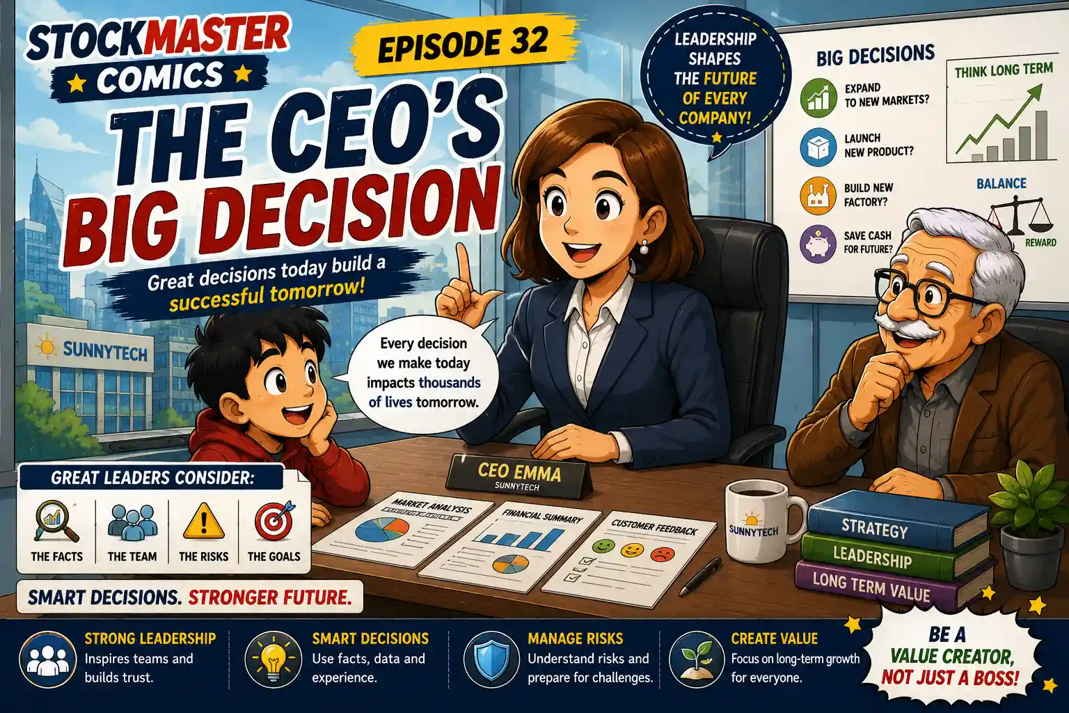 StockMaster Comics Episode 32 hero image featuring CEO Emma, Sam and Grandpa Ben discussing strategic business decisions, leadership, risk management and long-term company growth.